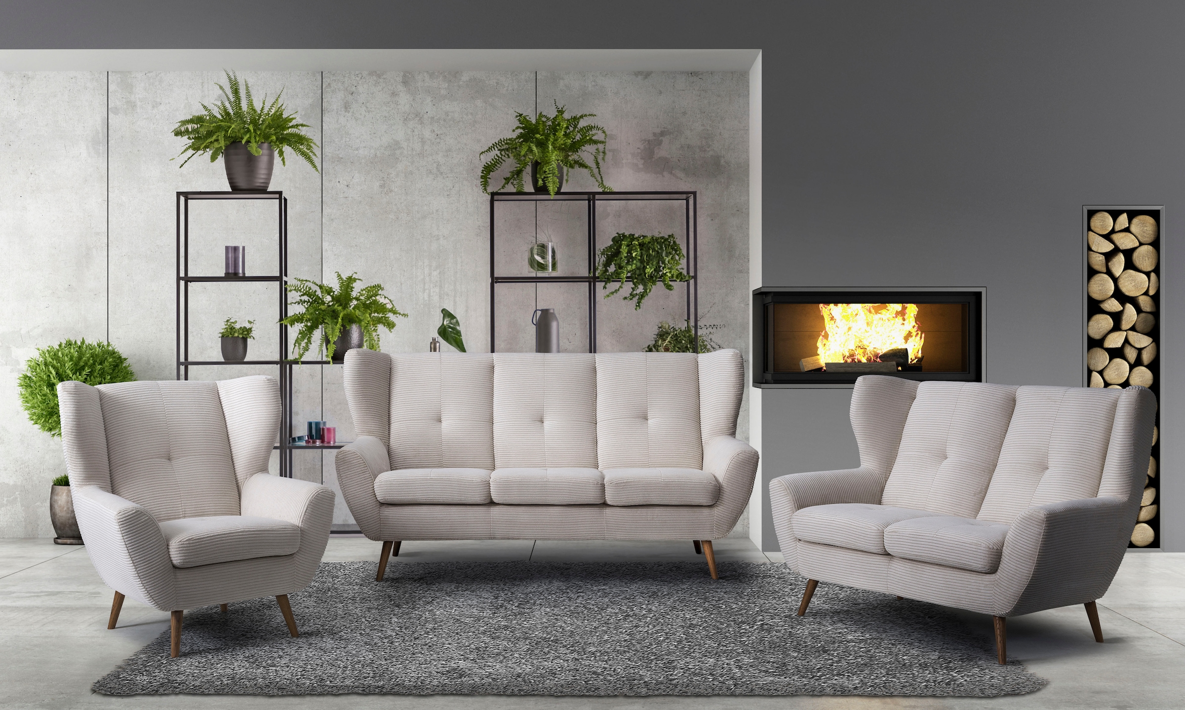 exxpo - sofa fashion 3-Sitzer »ALVESTA, Loungesofa, Küchensofa, hoher Sitzkomfort, Ohrenbackensofa«, gemütliche Rückenlehne, mit Knopfheftung und hohen Holzfüßen, in Cord