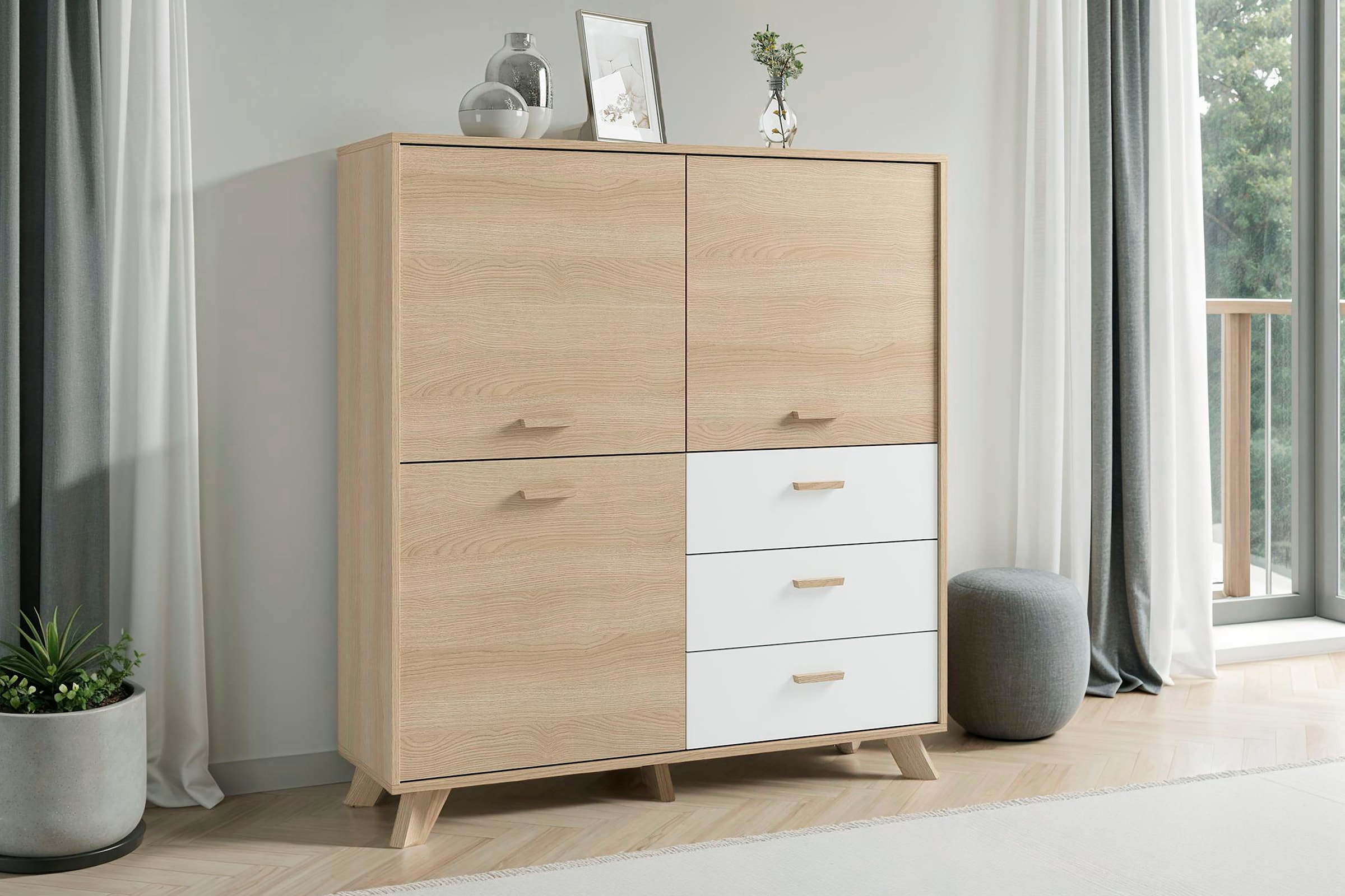 byLIVING Highboard »Bastian« 1 Stk. tlg. mit massiven Holzfüßen und Griffen, natürlicher Eichenlook, 120cm