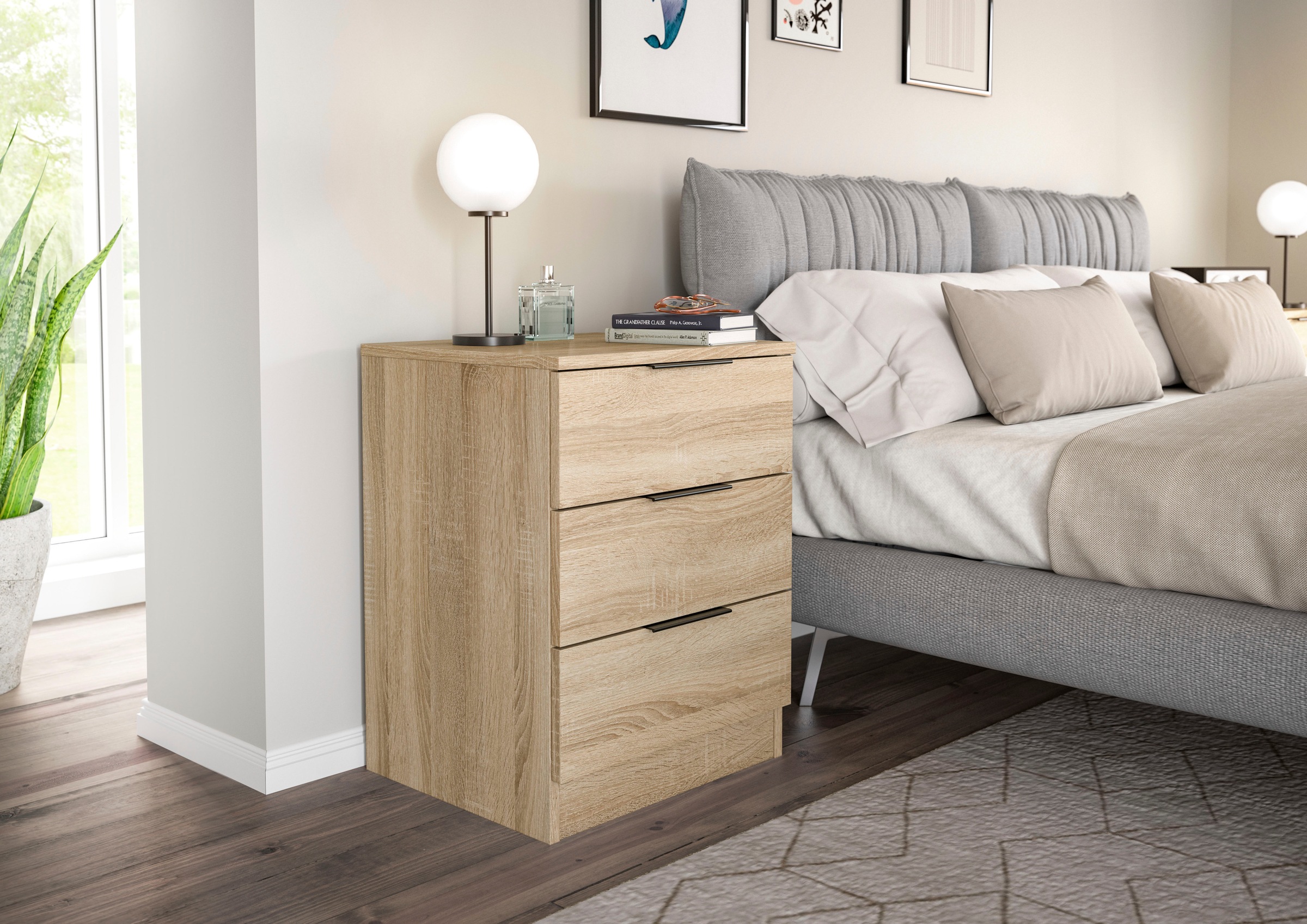Home affaire Nachtkommode »Skarde 2 Nachttische, jeweils Breite: 45 cm«, (Set, 2 St., Sie bekommen 2 Nachttische im Set), Skarde, 2er Set Nachtkommode, 3 Schubkästen, Sonoma Eiche NB