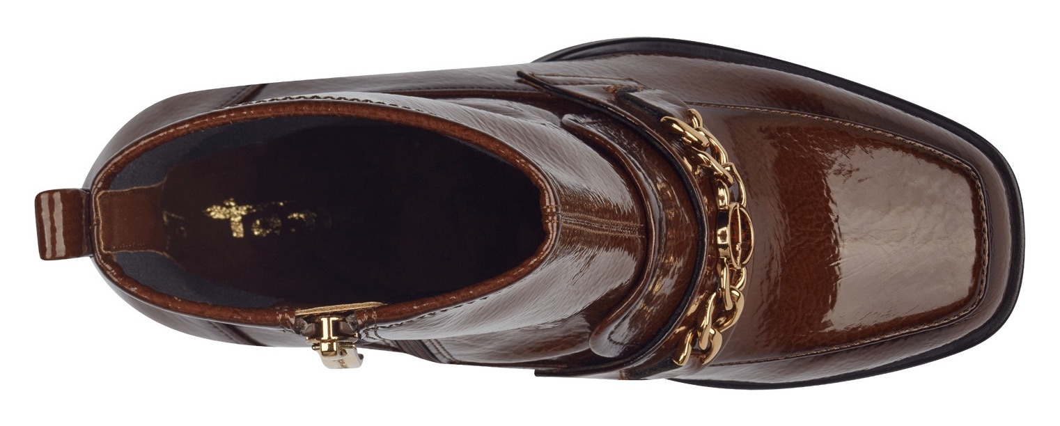 Tamaris Stiefelette, Blockabsatz, Partyschuh mit eleganter Zierkette und Logoemblem