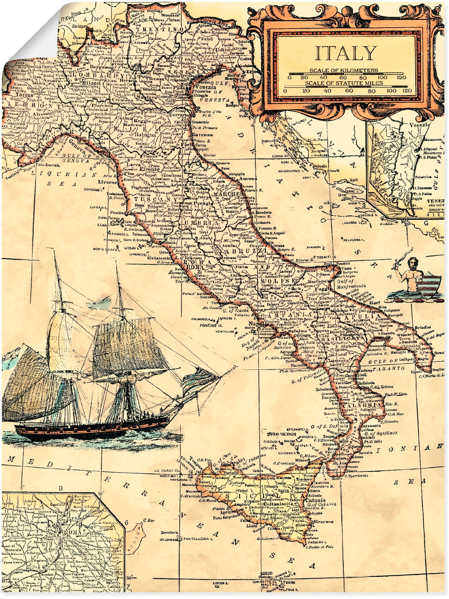 Wandbild »Italienkarte«, Landkarten, (1 St.), als Leinwandbild, Poster in verschied....