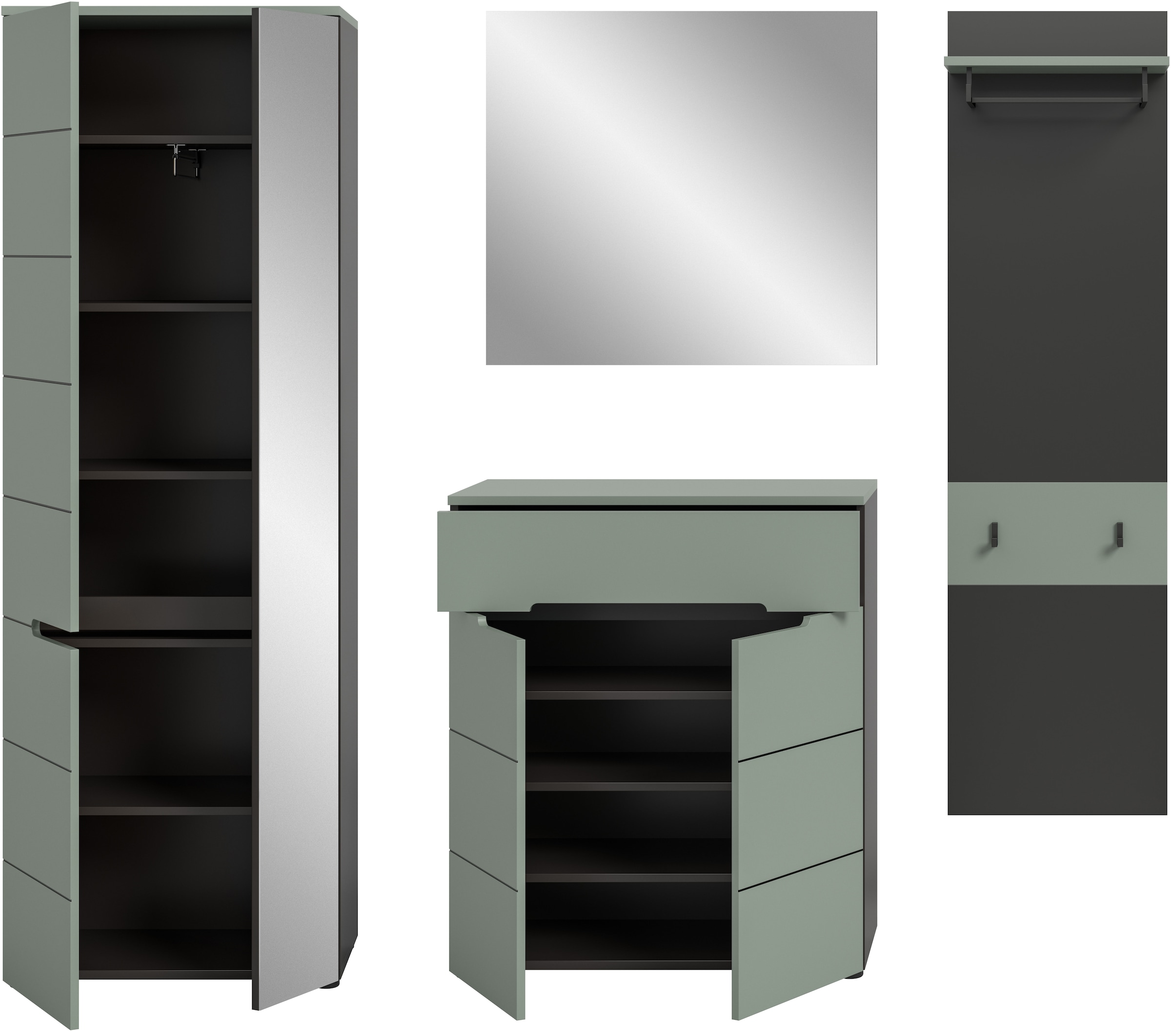 INOSIGN Garderoben-Set »REHAT, TOPSELLER!, 4-teilig, Breite 220 cm, individuell erweiterbar« Set, bestehend aus: Garderobenschrank, Kommode, Spiegel & Garderobenpaneel, 4 Stk. tlg.