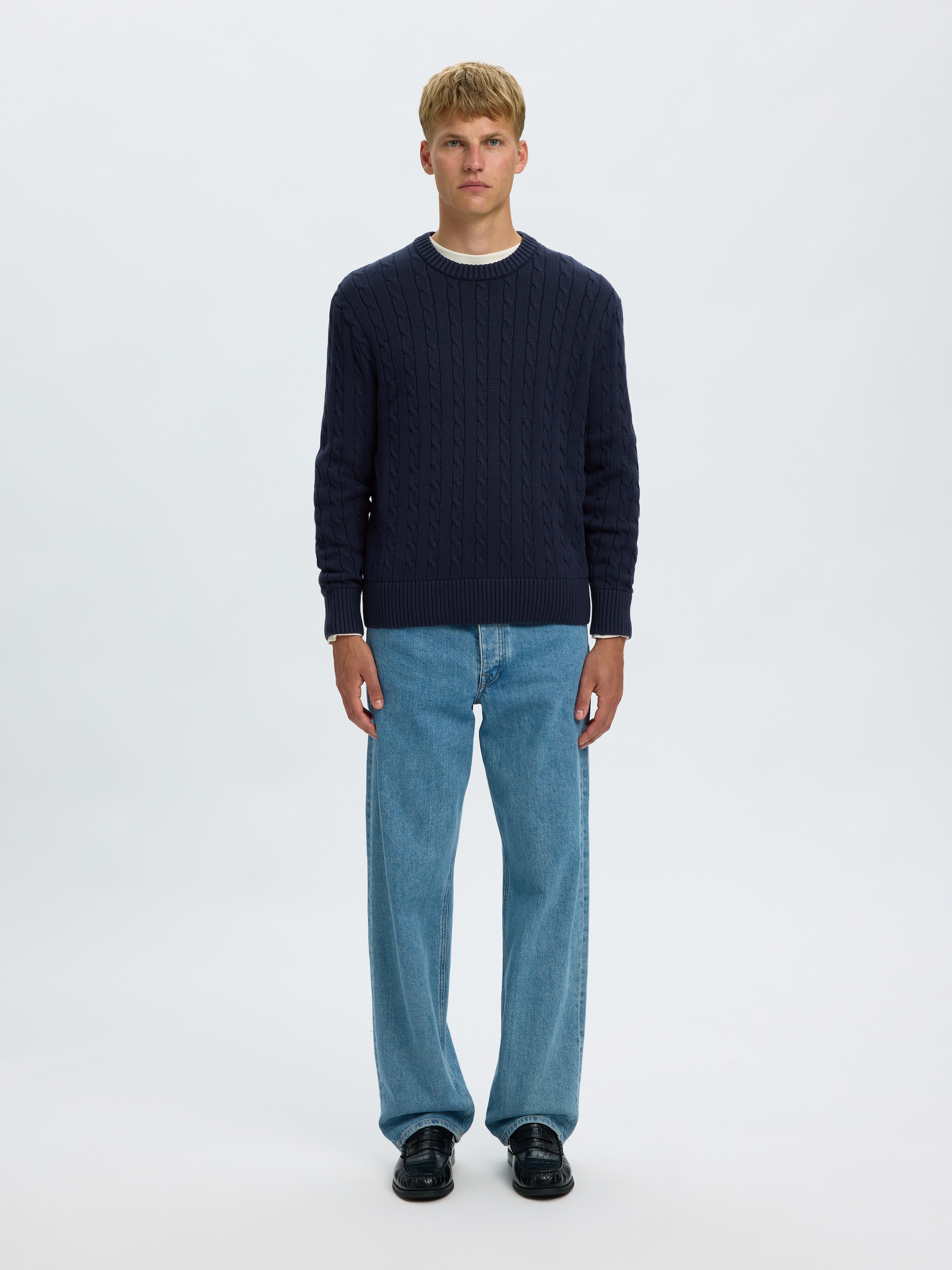 SELECTED Rundhalspullover »SLMBRAUN KNIT CABLE CREW NOOS« Baumwolle, relaxed fit