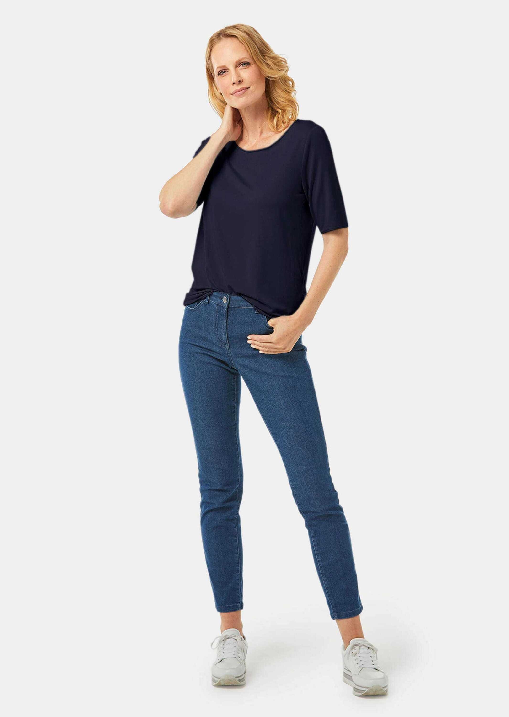 GOLDNER Langarm-Poloshirt »Rundhalsshirt Kombistarkes Halbarmshirt mit tonaler Zierkante«