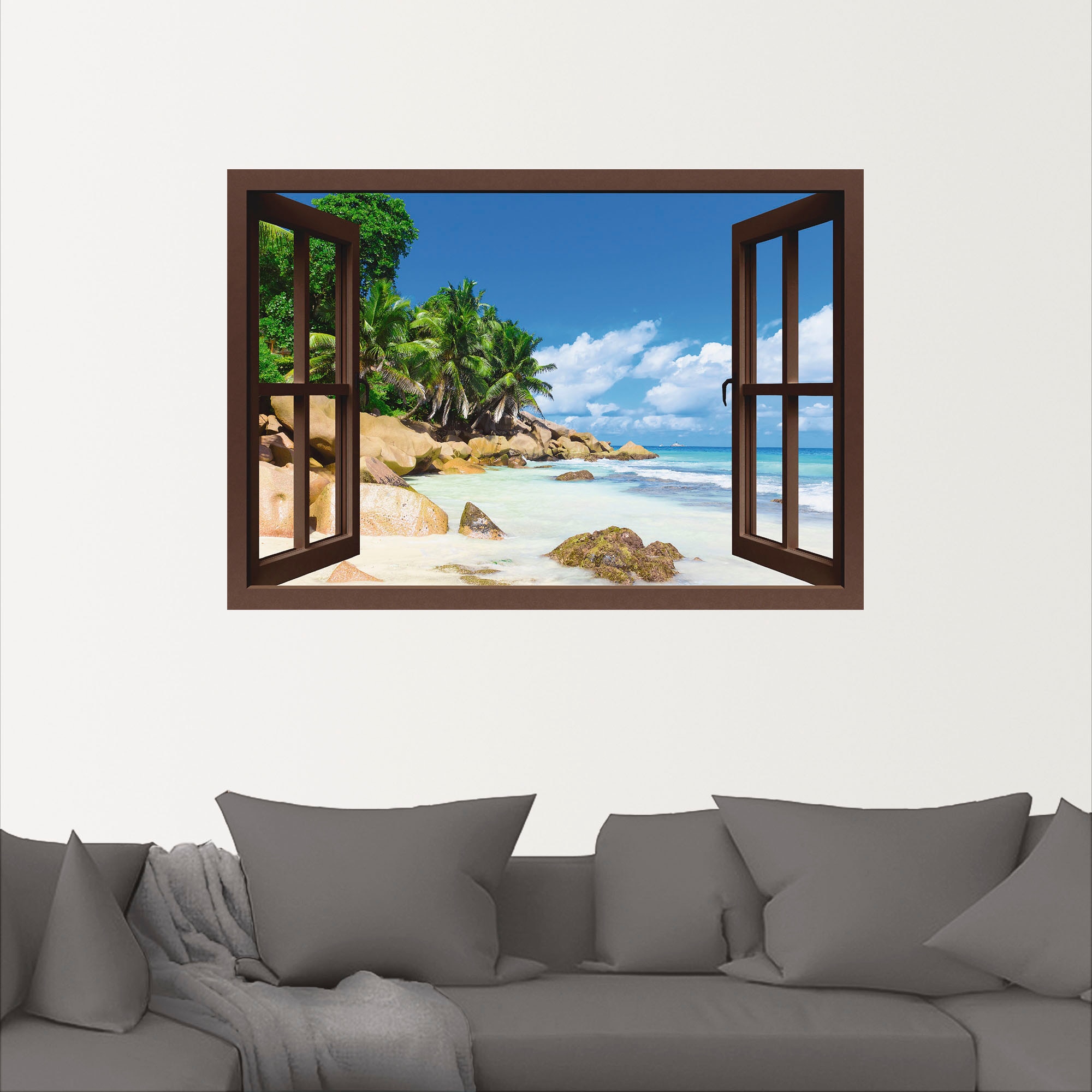 Größen Poster »Küste bei Karibikbilder, Palmen Leinwandbild, durchs als oder Artland kaufen OTTO Alubild, Wandaufkleber mit St.), (1 versch. in Fenster«, Wandbild