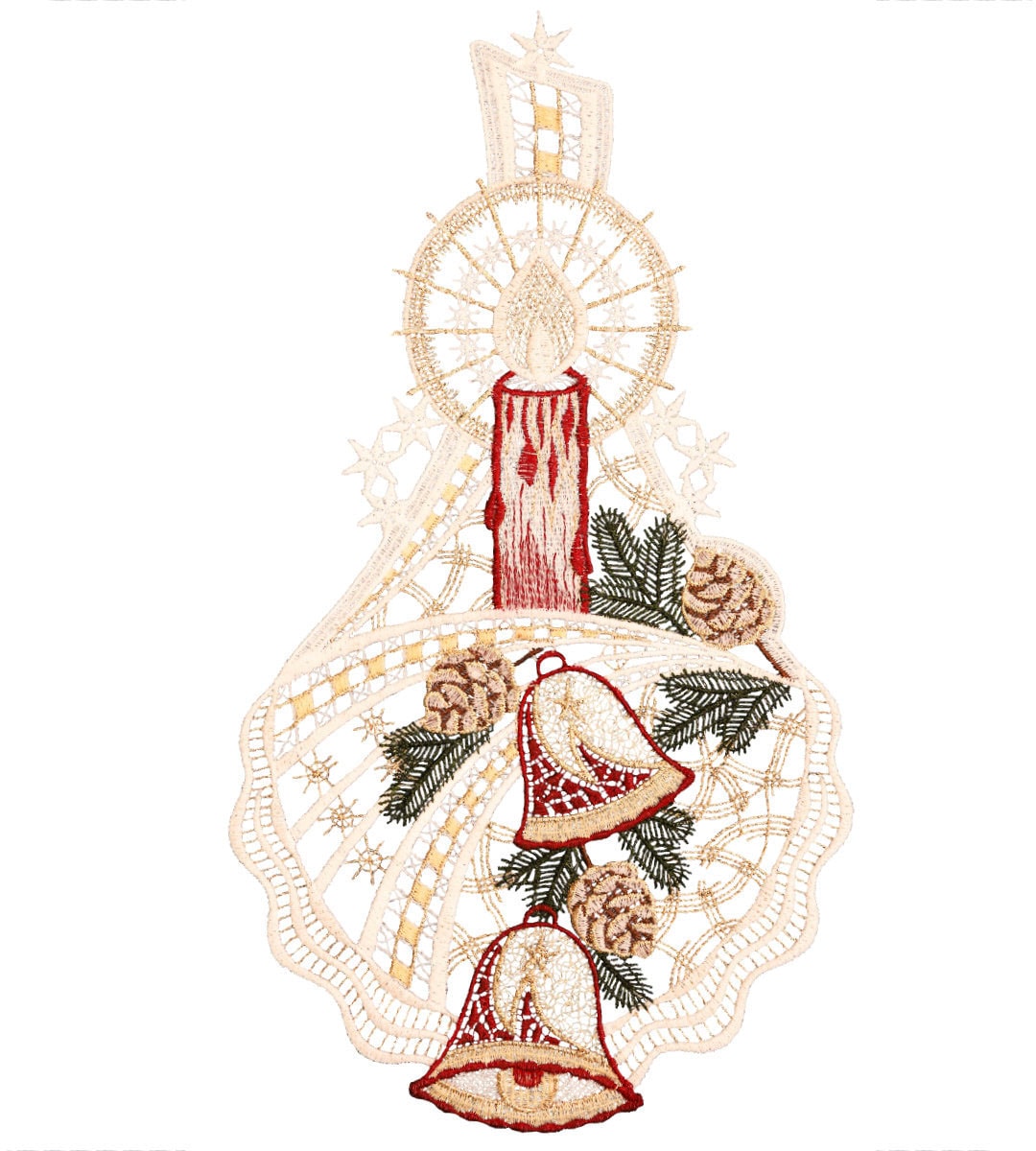 W. Reuter & Sohn - Plauener Spitze Fensterbild »Kerze und Glocken« Made in Germany in rot, Größe B/L: 20 cm x 37 cm