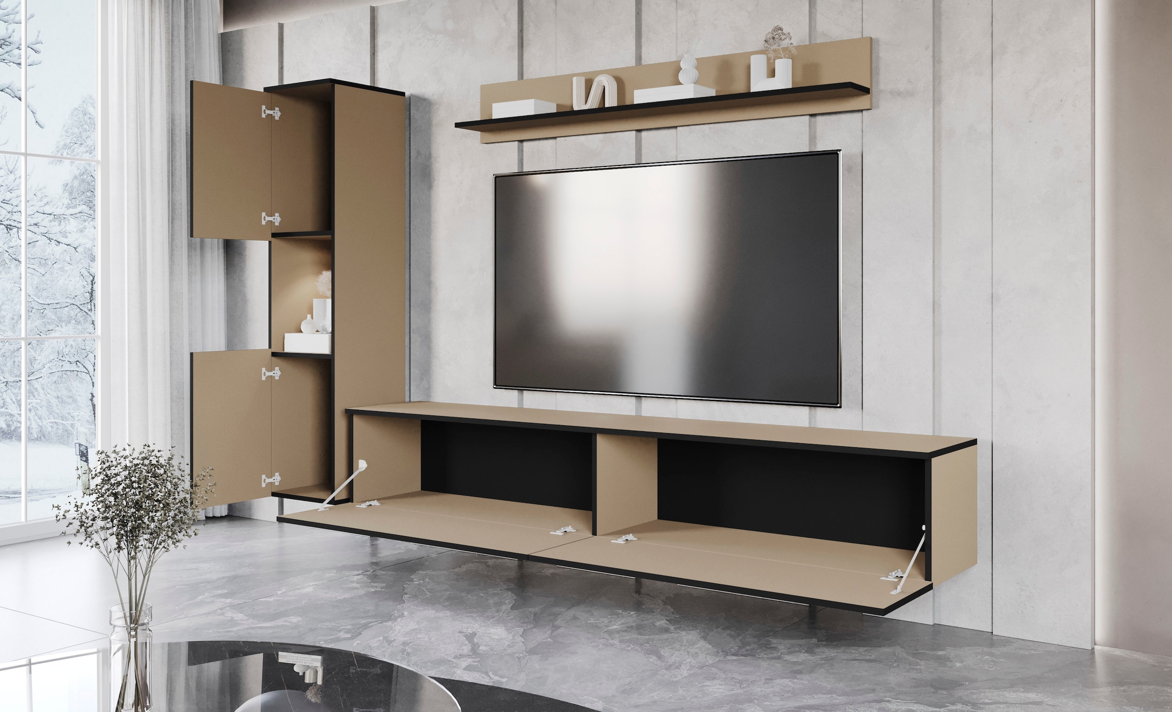 INOSIGN Wohnwand »PARIS«, (Komplett-Set, 3 St.), TV-Wand 220cm breite, grifflose Design, stehend und hängend montierbar