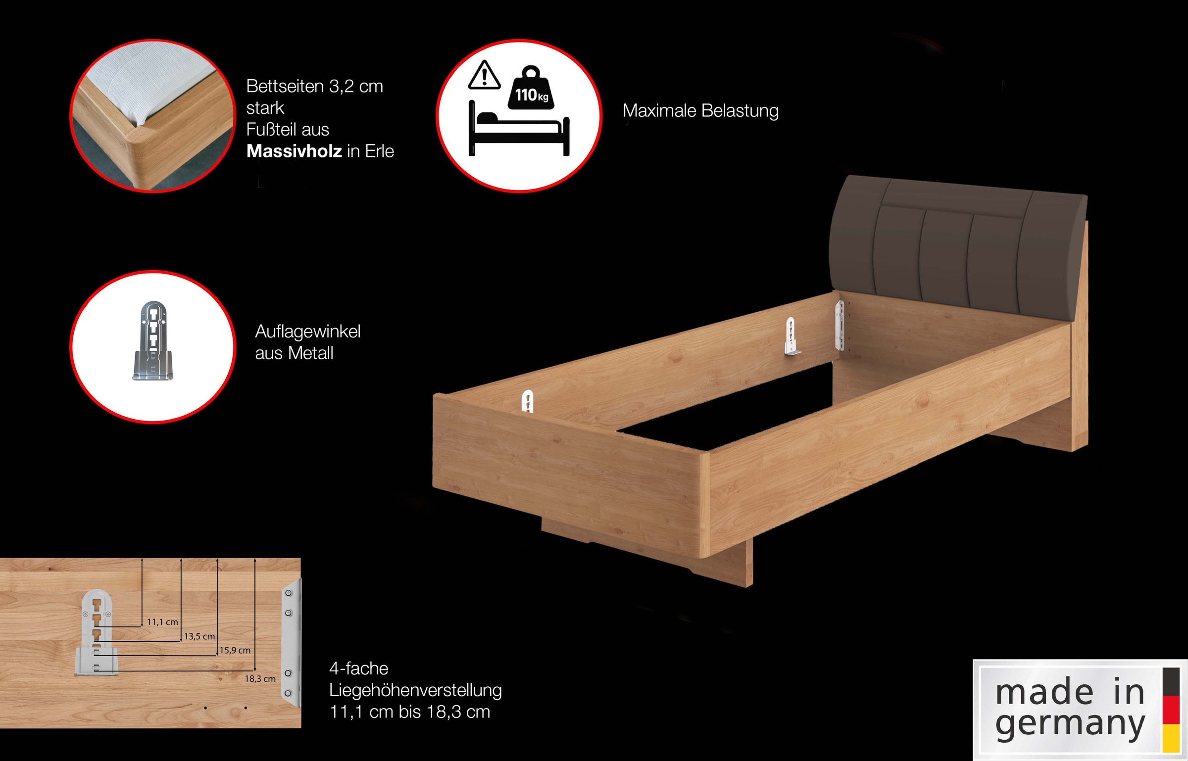 WIEMANN Holzbett »Cardiff, Bettgestell, Bettrahmen, teilmassiv, mit Polsterkopfteil«, (Belastbarkeit 110/220 Kg, 4-fache höhenverstellbar, MADE IN GERMANY), Fußteil aus Massivholz, verschiedene Größen