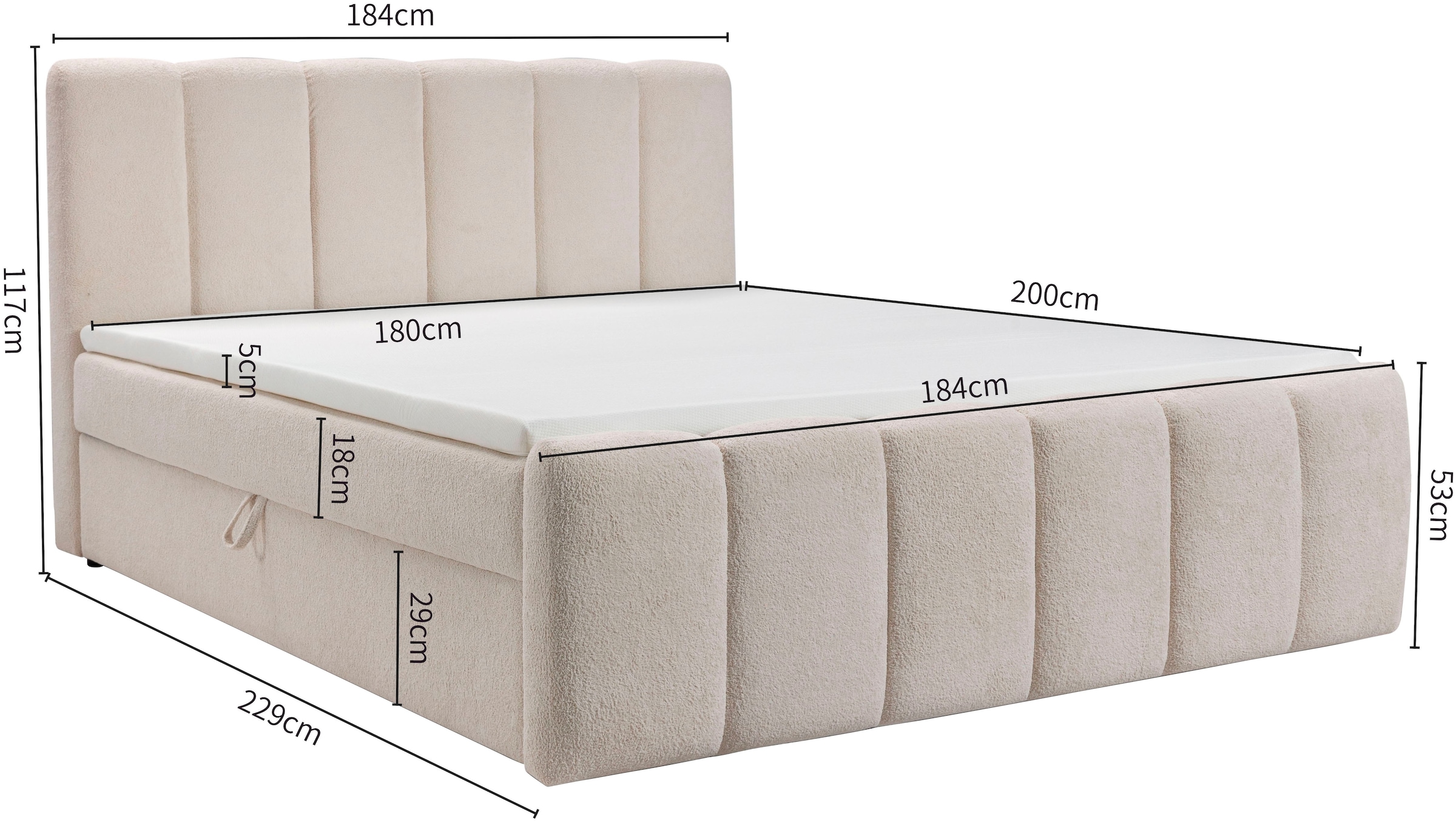 OTTO home Boxbett »MIMMIE, Polsterbett mit Bettkasten, Liegefläche 180x200cm« mit Komfortschaum-Topper, Chenille-Bezug