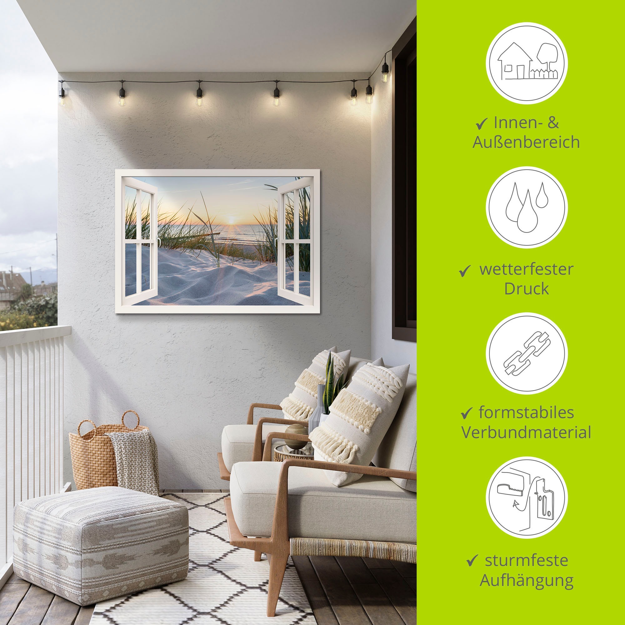 Artland Wandbild »Ostseestrand durchs Fenster«, Meer Bilder, (1 St.), als Alubild, Outdoorbild, Leinwandbild, Poster, Wandaufkleber