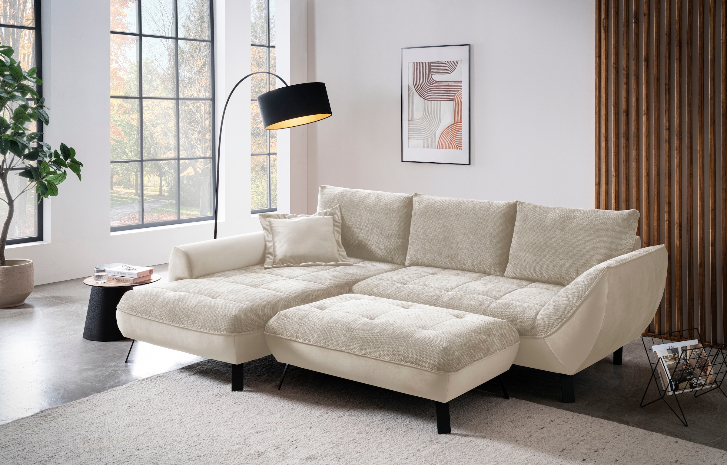 exxpo - sofa fashion Ecksofa »Bellinii, Materialmix, Strukturbezug und pflegeleichter Microvelours«, bequem und modern, Materialmix, L-Form