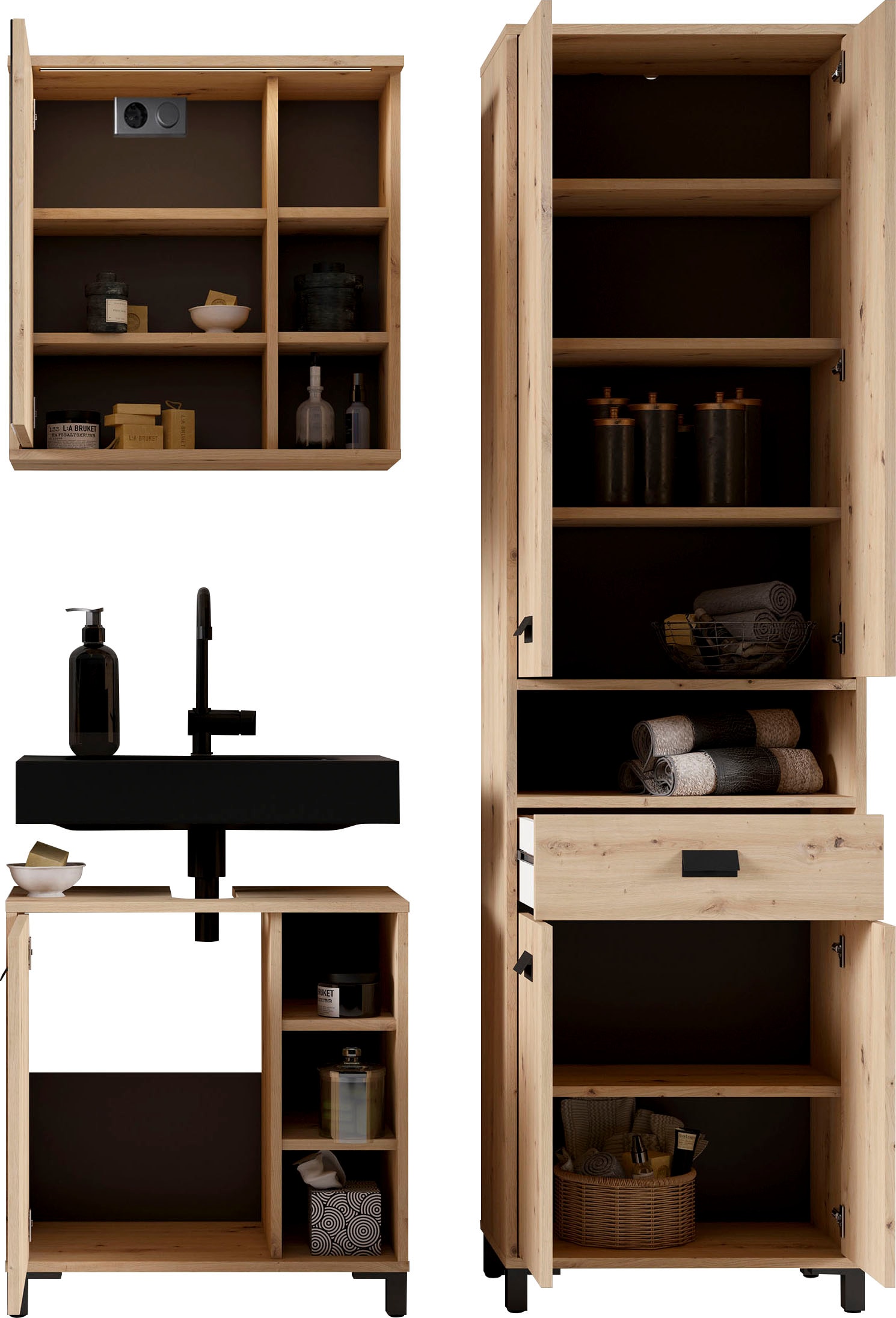 byLIVING Hochschrank »Wellness«, Badezimmer Hochschrank mit 4 Türen und Schubkasten für viel Stauraum