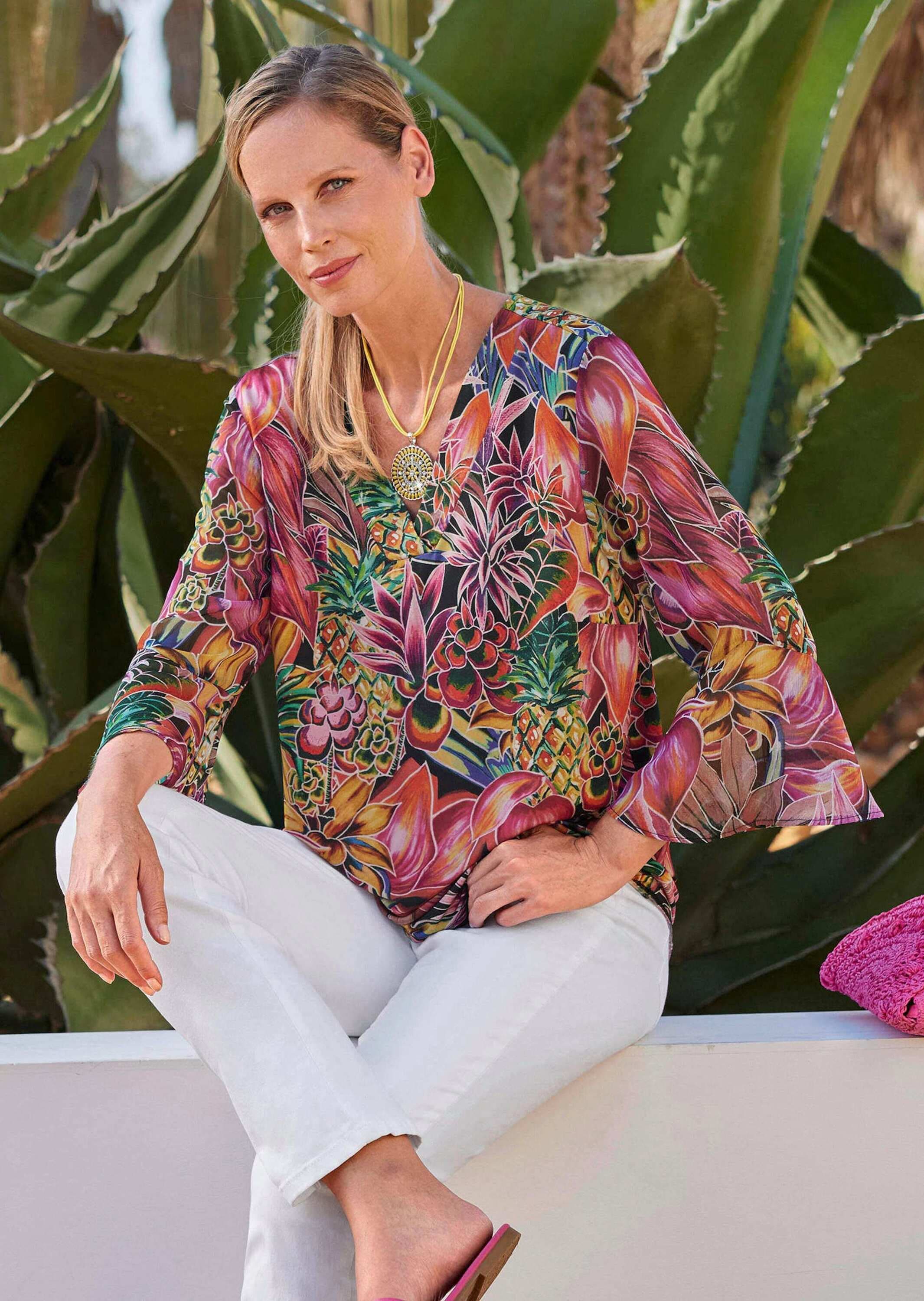 GOLDNER Schlupfbluse »Kurzgröße Bunte Tunika mit floralem Print«