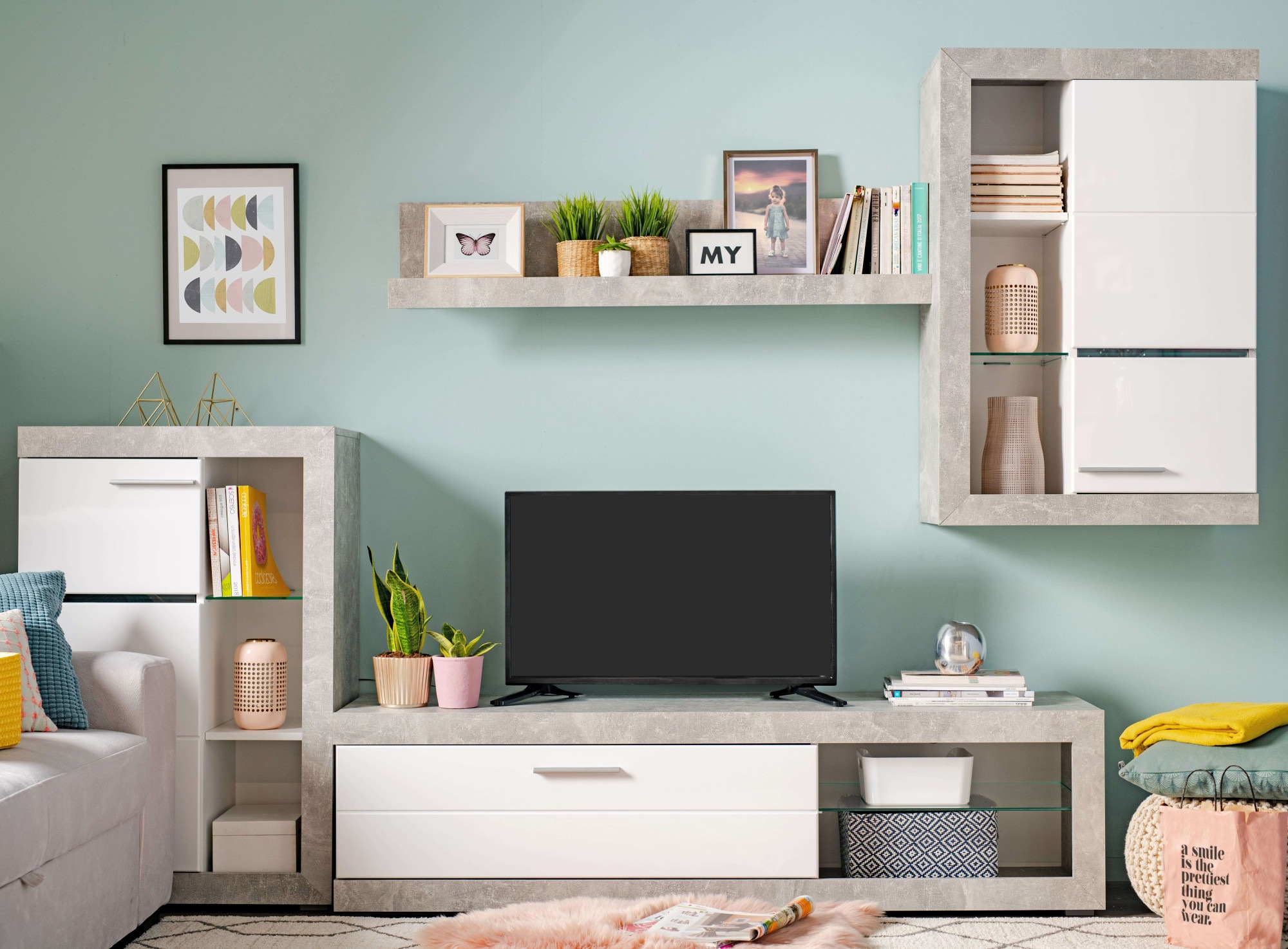 INOSIGN Wohnzimmer-Set »Rosso Wohnwand, Mediawand, Anbauwand, für TV bis 60', Breite 267 cm«, (Komplett-Set, 4 St., 4-st), Set besteht aus Highboard, TV-board, Wandregal und Hängeschrank