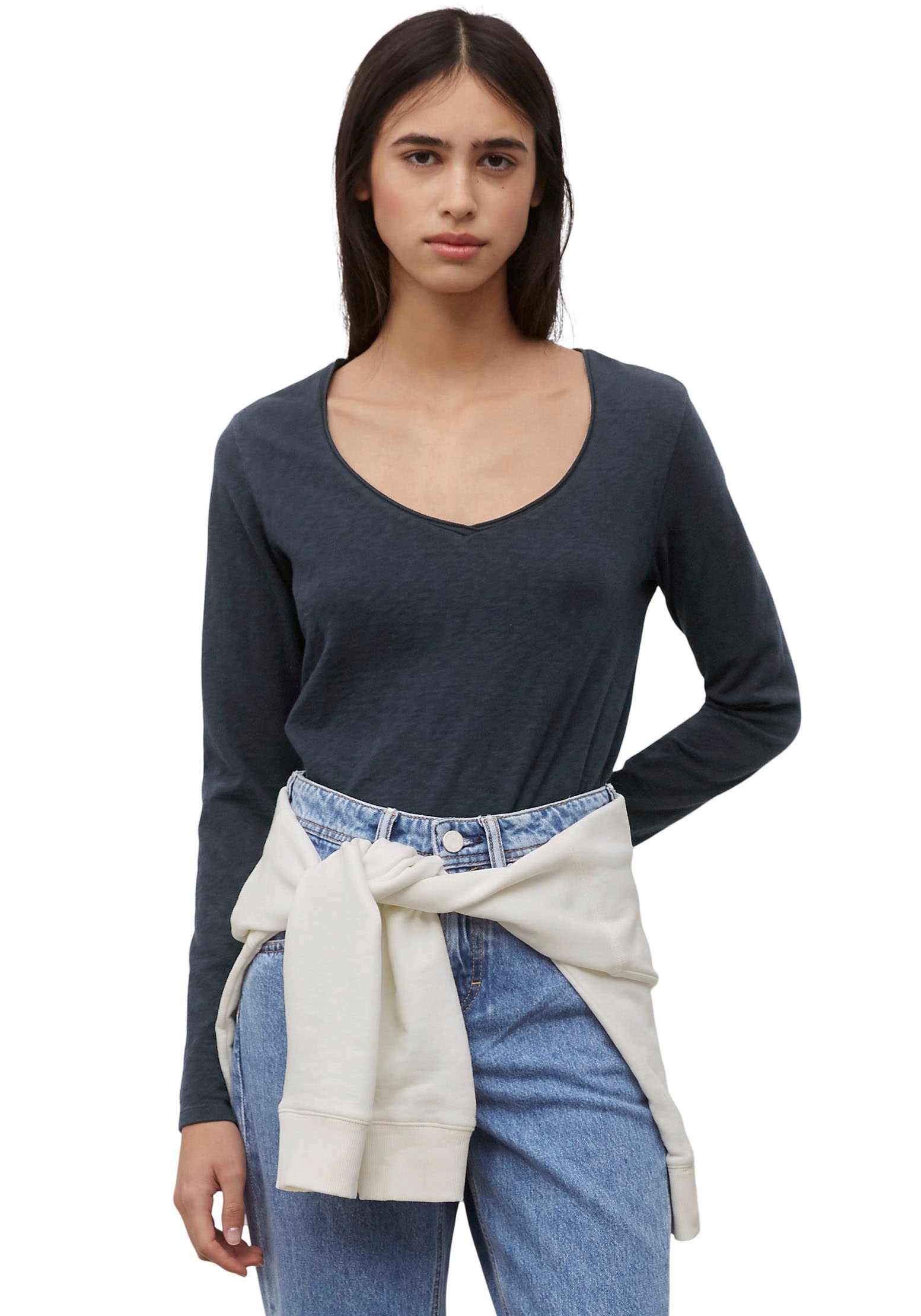 Marc O'Polo DENIM Langarmshirt, mit Rollkante am V-Ausschnitt