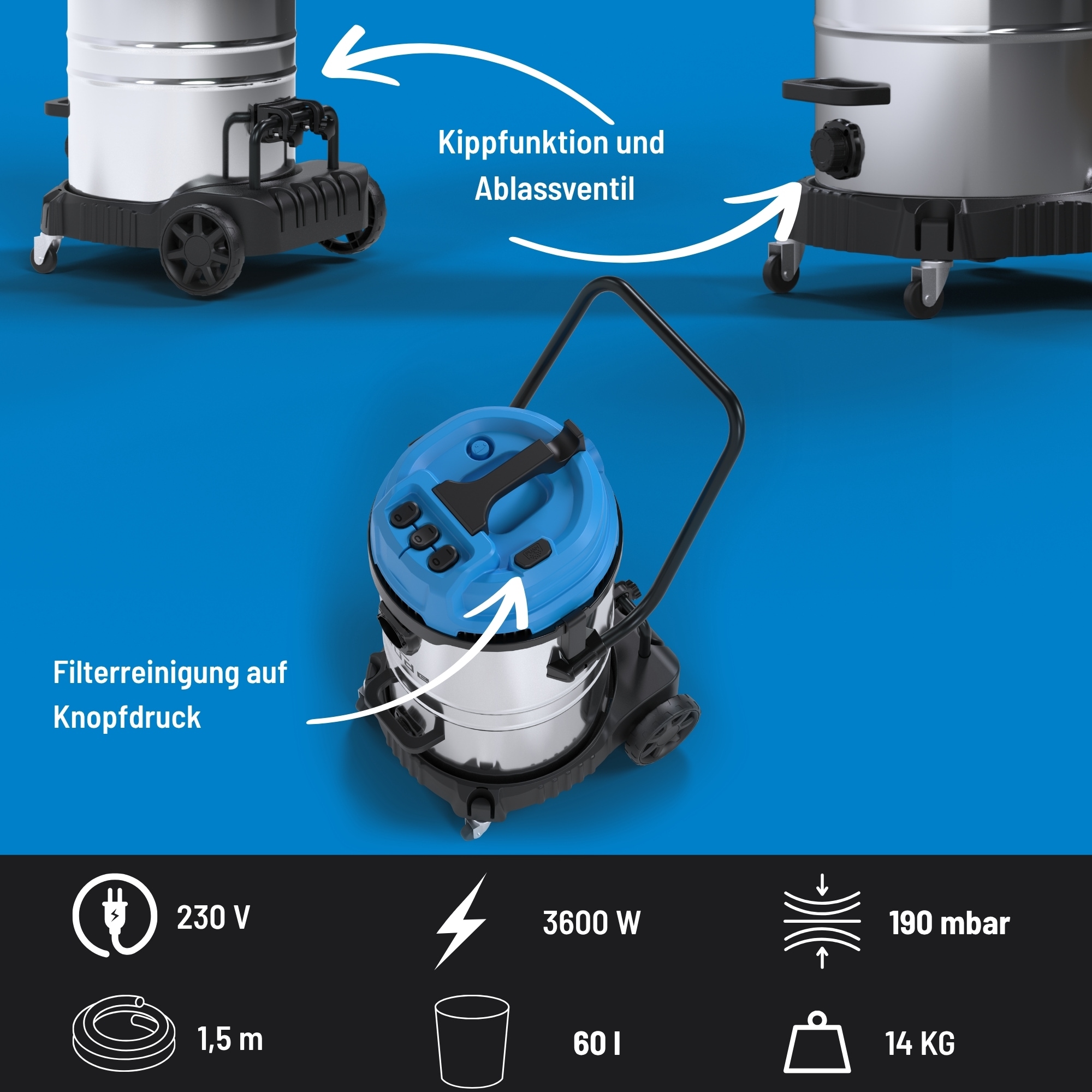 Güde Nass-Trocken-Sauger »GNTS 3-60L« 3600 (3 x 1200) W