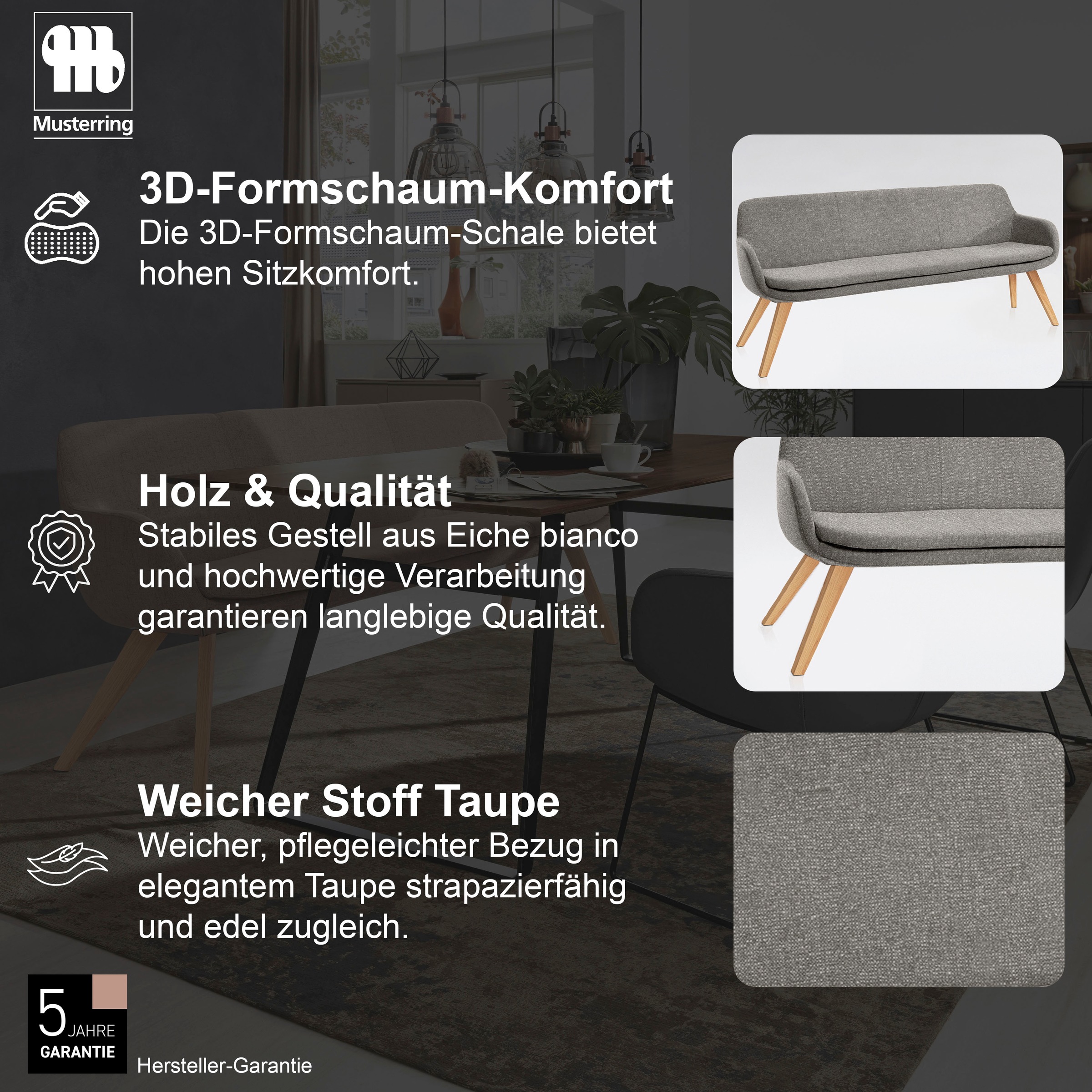 Musterring Essbank »Tavia« Stativgestell aus Eiche bianco massiv, Breite 180, 200 oder 220 cm