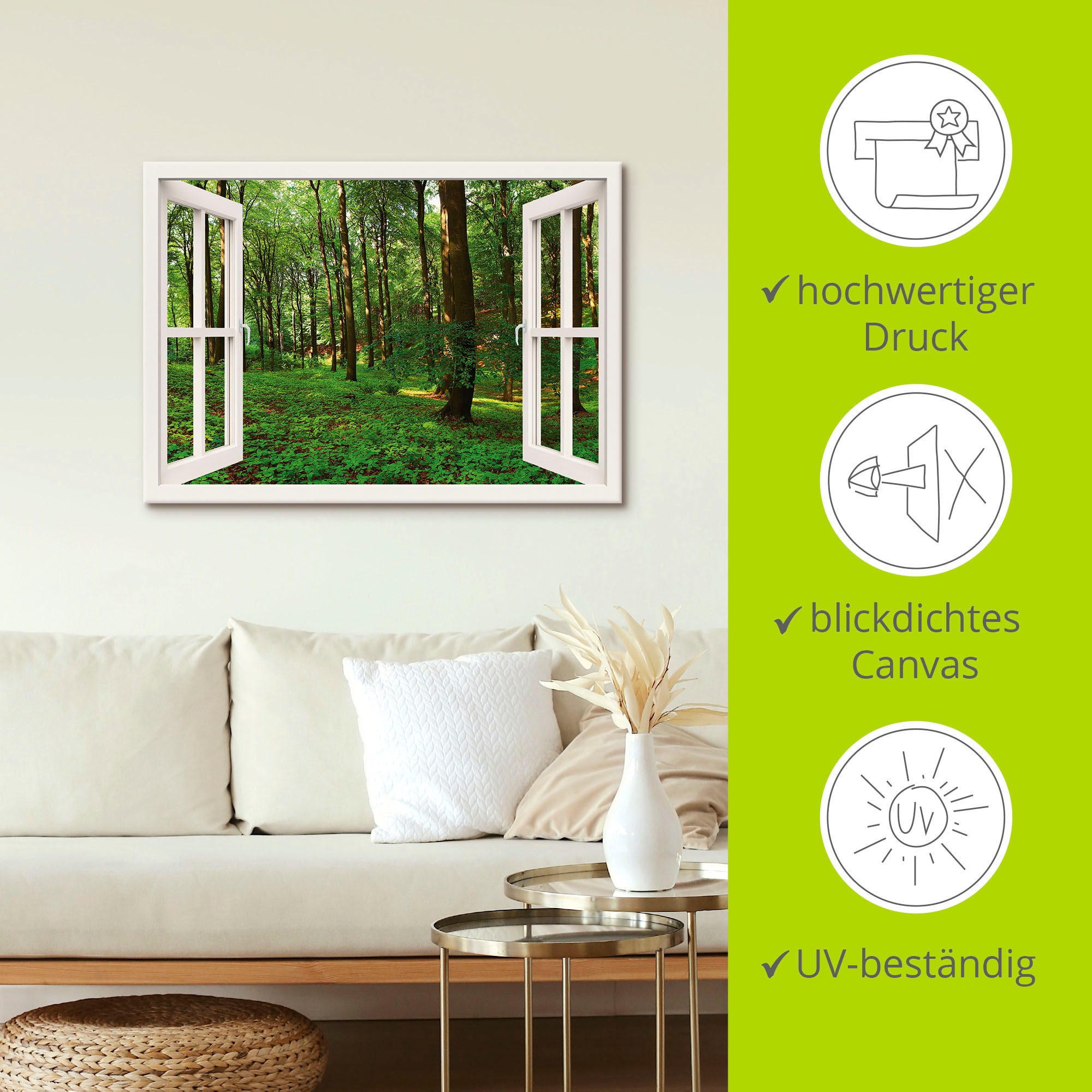 Artland Leinwandbild »Panorama Sommerwald, weiß«, Fensterblick, (1 St.), auf Keilrahmen gespannt