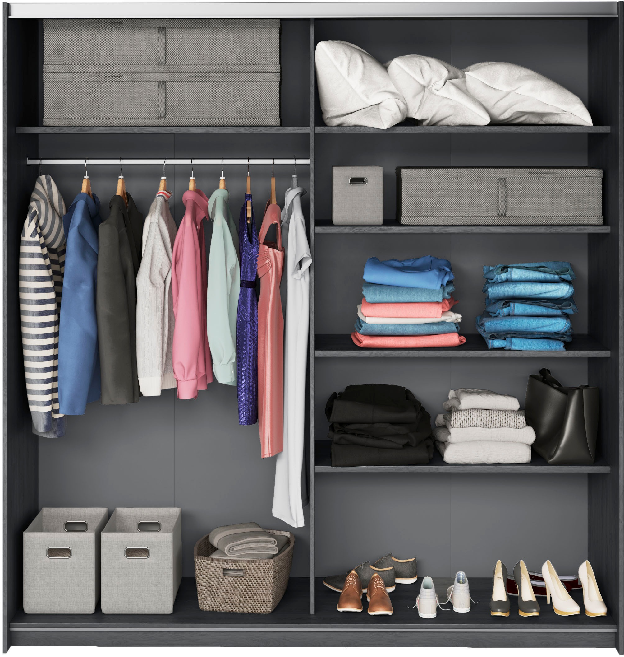 Home affaire Schwebetürenschrank »Galaxy Kleiderschrank, Wäscheschrank 200, 220 oder 270cm breit«, INKLUSIVE kompletter Innenausstattung, Metallgriffe