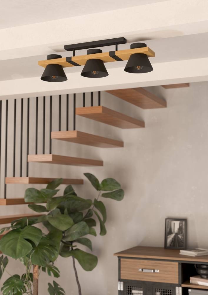 EGLO Deckenleuchte »MACCLES«, 3 flammig, Leuchtmittel E27 | ohne Leuchtmittel, Deckenleuchte, Wohnzimmerlampe, Holz und Metall, Schwarz, Deckenspot