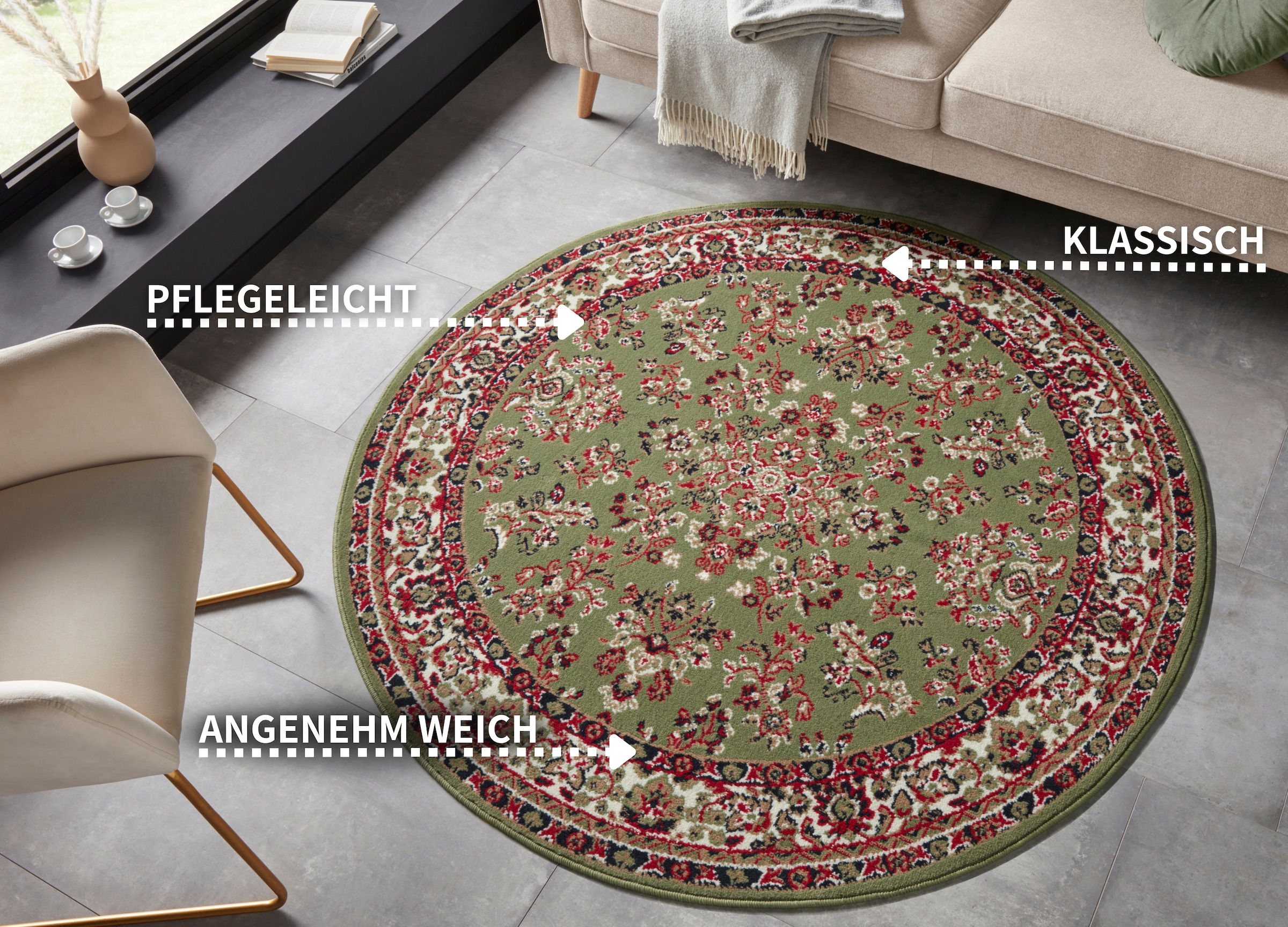 my home Teppich »Halton«, rund, 8 mm Höhe, Kurzflor, Orient Optik, mit Bordüre, robust, pflegeleicht, gekettelt