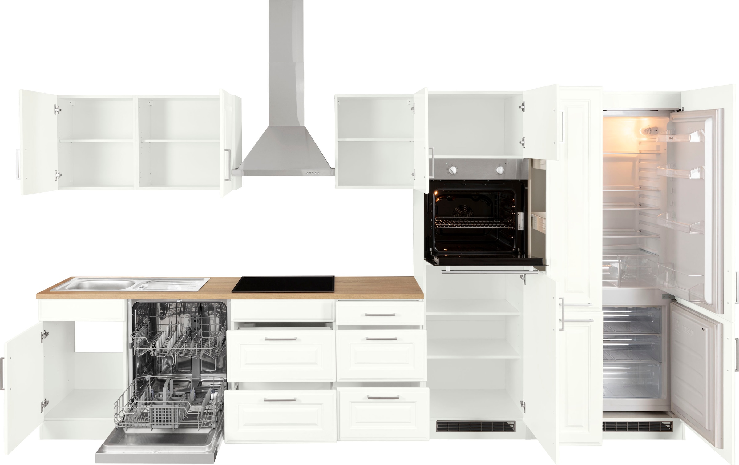 KOCHSTATION Küchenzeile »KS-Stockholm – Küche mit hochwertiger und detailreicher Landhausfront« Breite 370 cm, wahlweise mit E-Geräten,mit MDF-Fronten