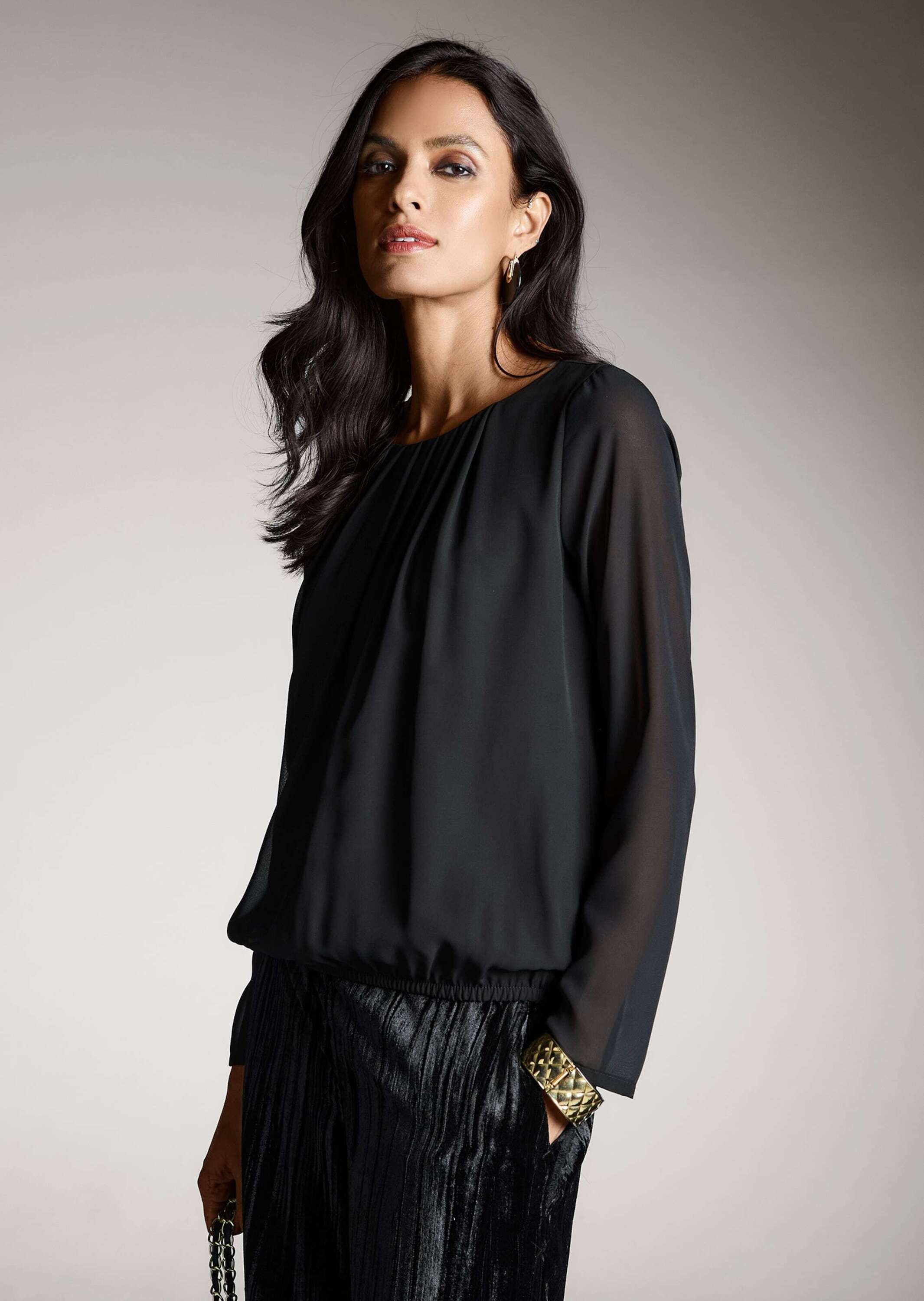 MADELEINE Langarmbluse »Bluse Rundhals-Bluse mit transparenten Ärmeln«