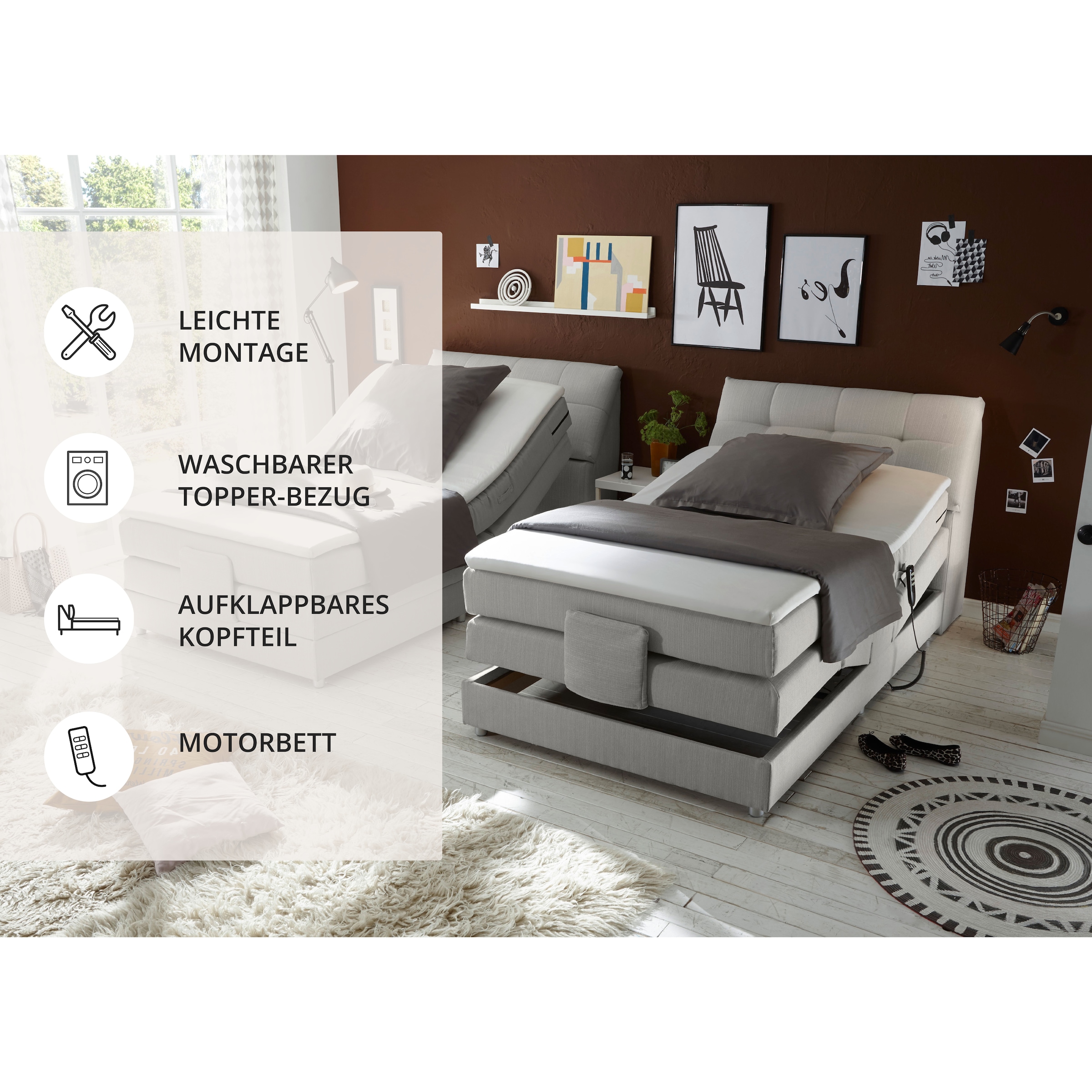 ED EXCITING DESIGN Boxspringbett »Carpino wahlweise in den Breiten 120cm oder 180cm erhältlich« inkl. Motor, Stauraum im Kopfteil und Topper