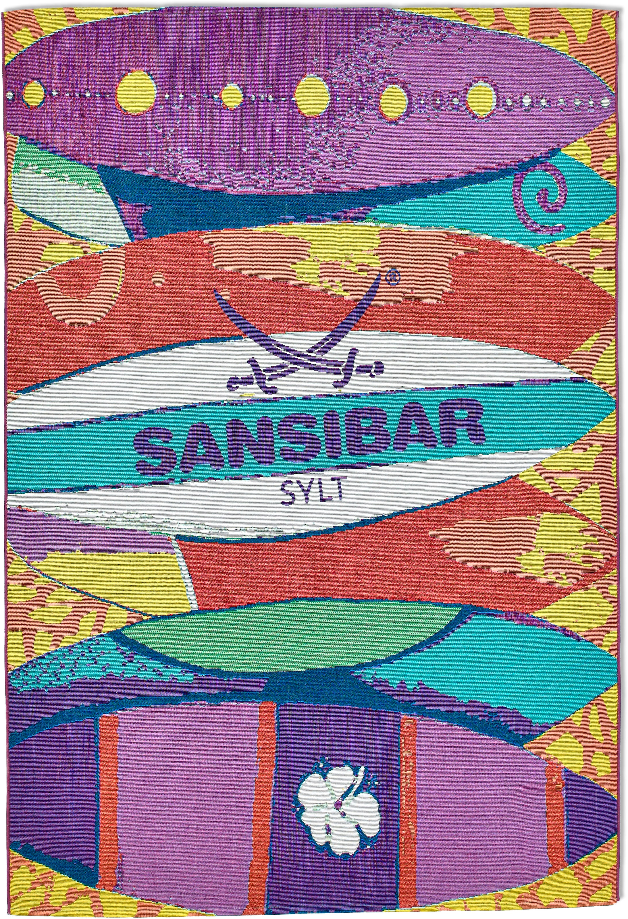 Sansibar Teppich »Rantum Beach SA-020«, rechteckig, Flachgewebe, modernes Design, Motiv Surfbretter, Outdoor geeignet
