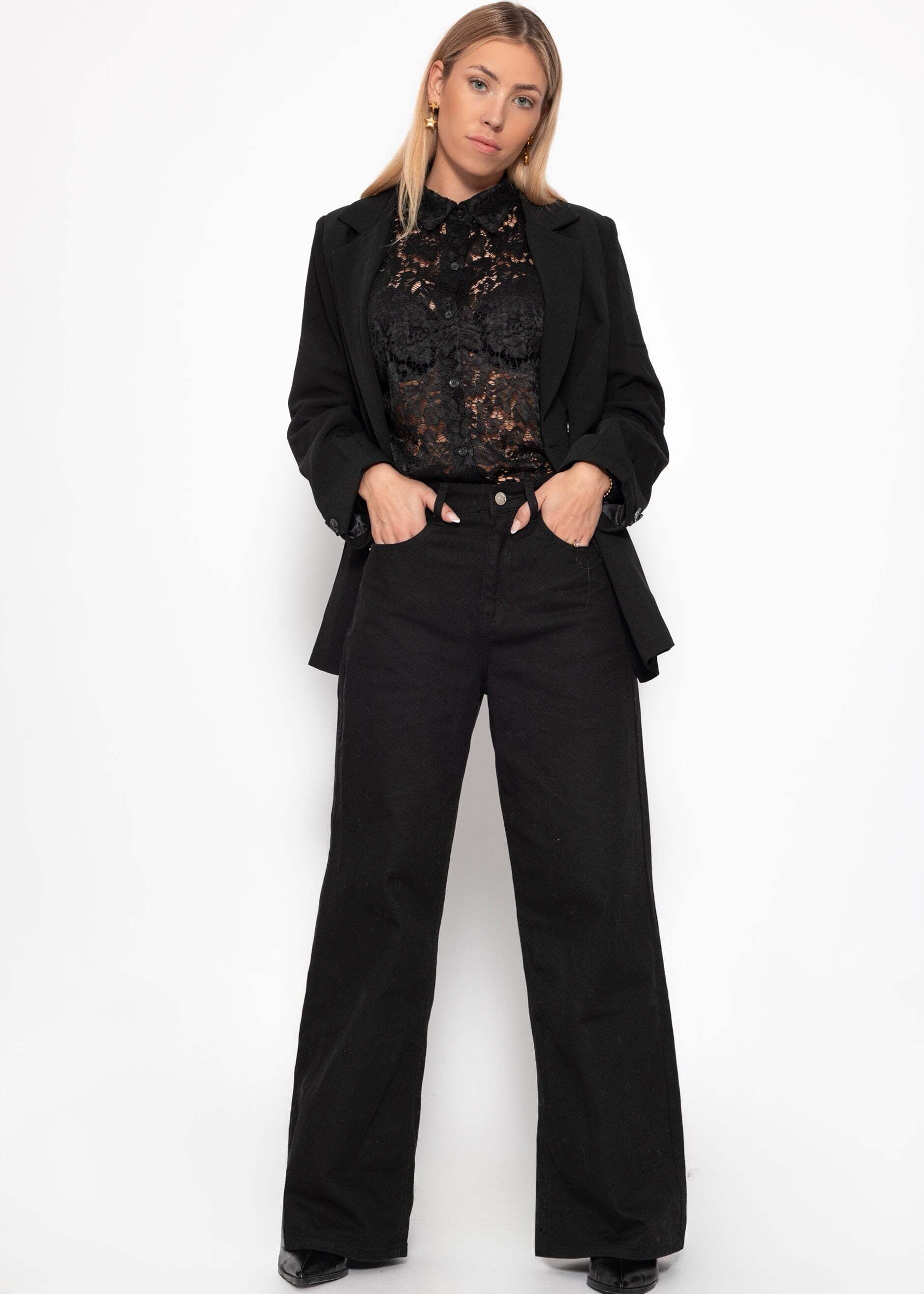 SASSYCLASSY Spitzenbluse »Bluse aus transparenter Spitze« Elegante Buse mit Hemdblusenkragen im lockeren Schnitt Braun Schwarz