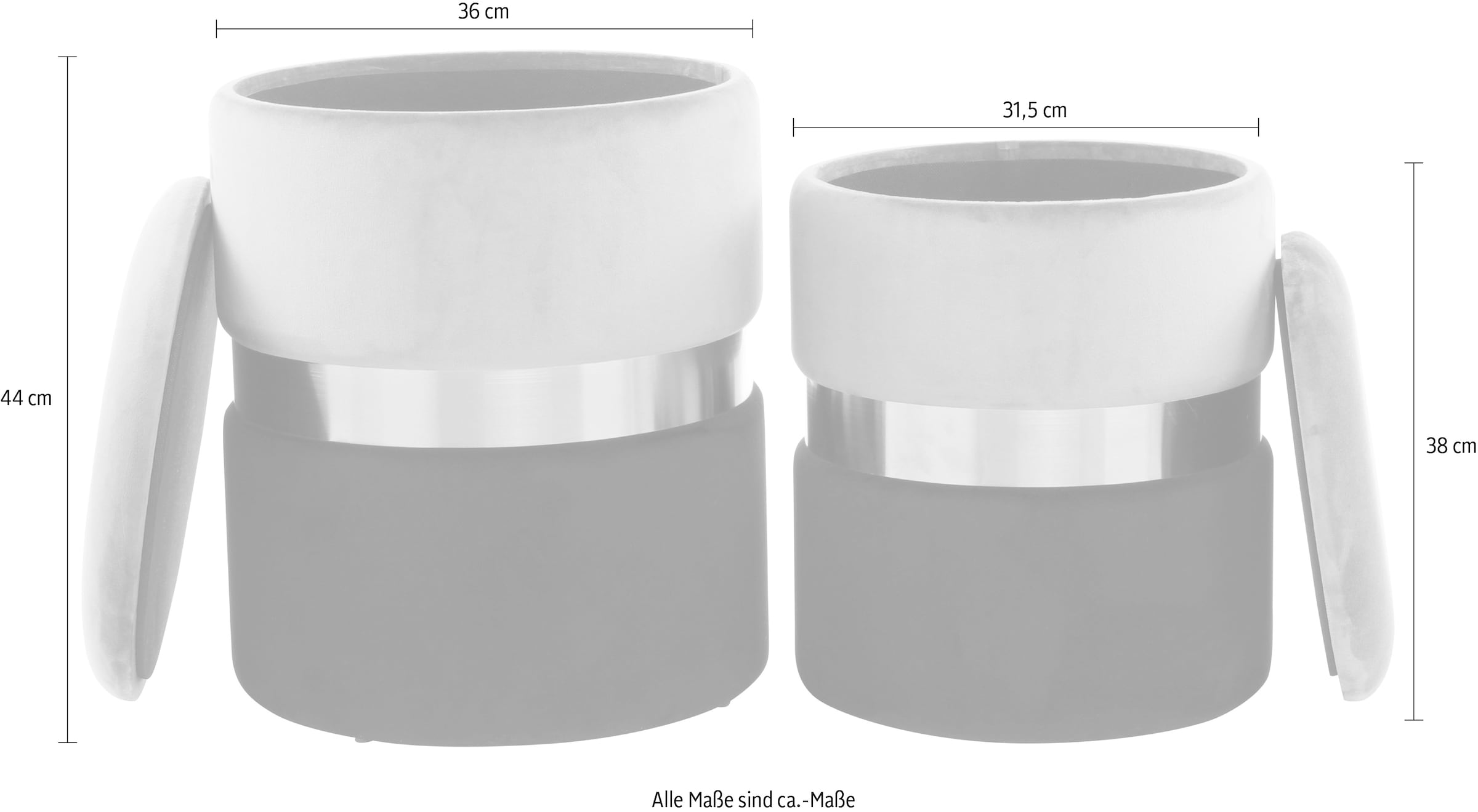 Kayoom Stauraumhocker »Hocker Zora 125 2er-Set, samtweicher Stoffbezug,runde elegante Form«, (Set, 2 St.), edles Design mit Metallring, gepolstert, mit Stauraum