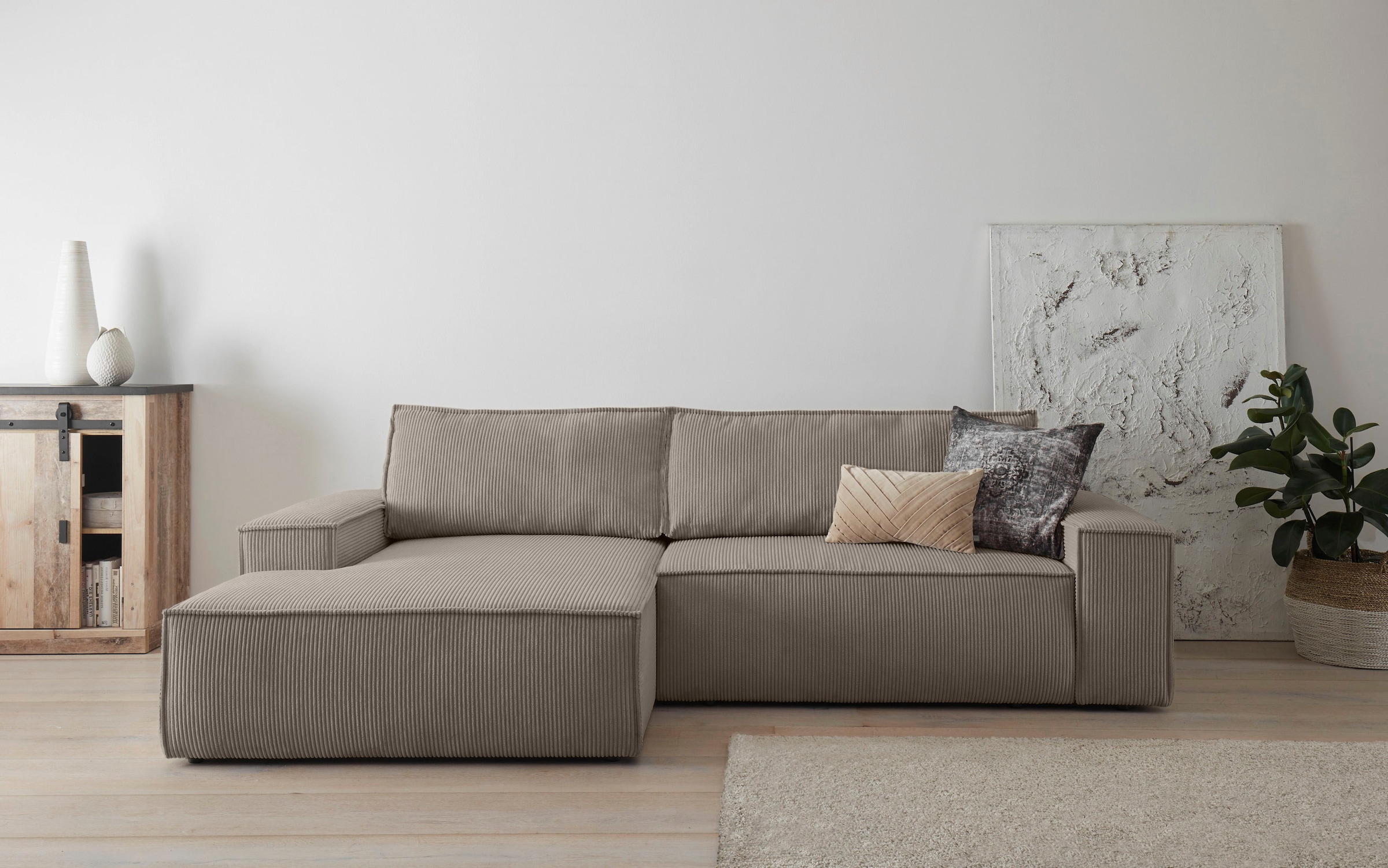 Home affaire Ecksofa »SHERWOOD Schlafsofa 267 cm, L-Form,«, Schlaffunktion mit Bettkasten (210x136 cm), Cord, Vintage, Samtvelours