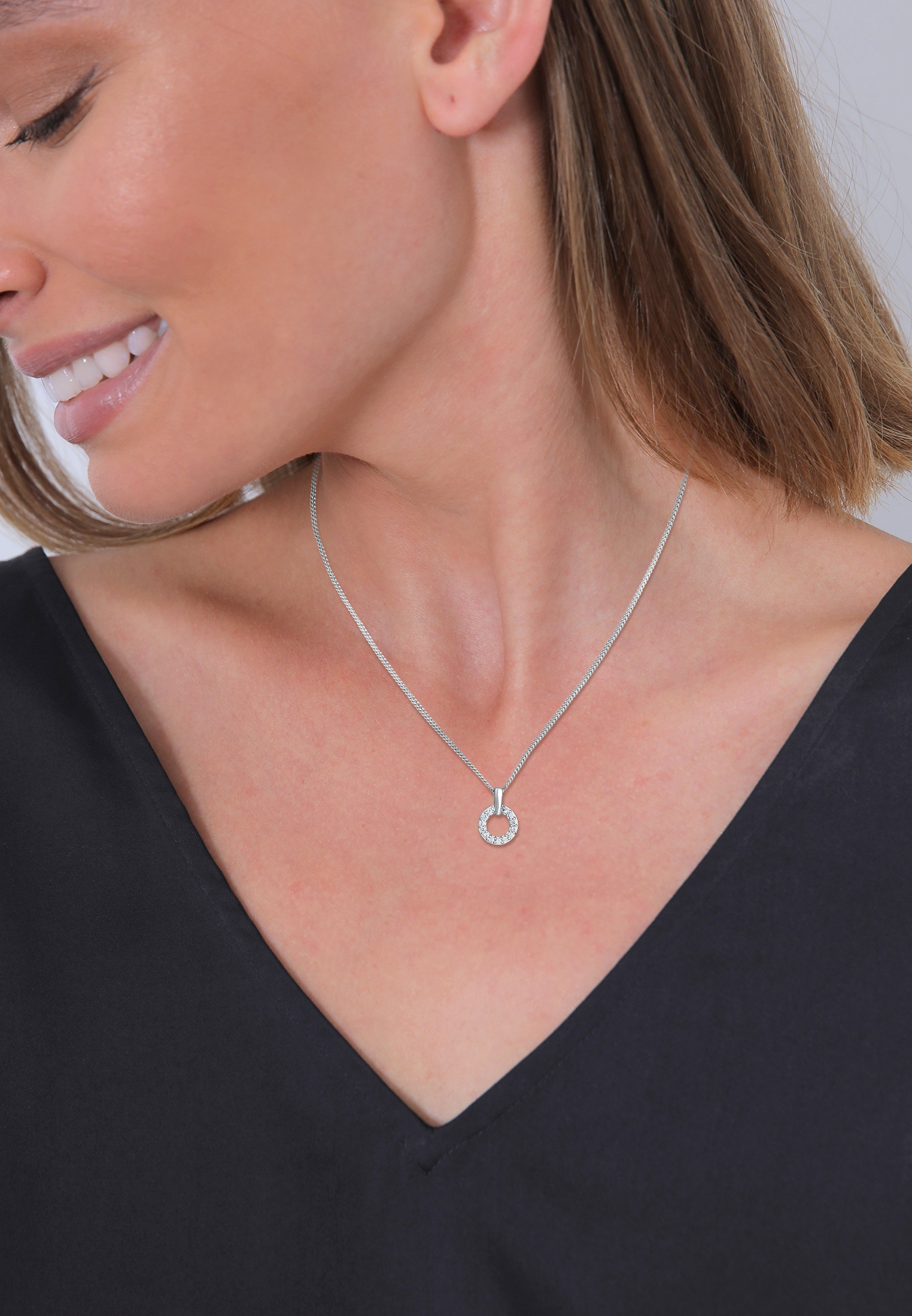 Elli DIAMONDS Silberkette »Halskette Kreis Anhänger Laborgezüchteter Diamanten Weiß (0.052 ct) 925 Sterling Silver«