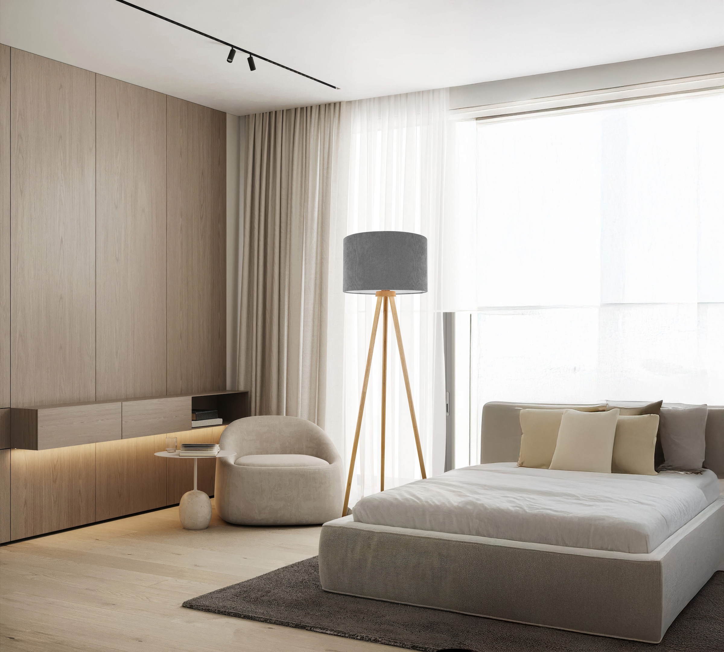 OTTO home Stehlampe »Torell - Dreibein Stehleuchte« E27 1 Stk. Schirm mit Cordbezug, Dreibein aus Holz, 1x E27 exkl., Zuleitung 300cm