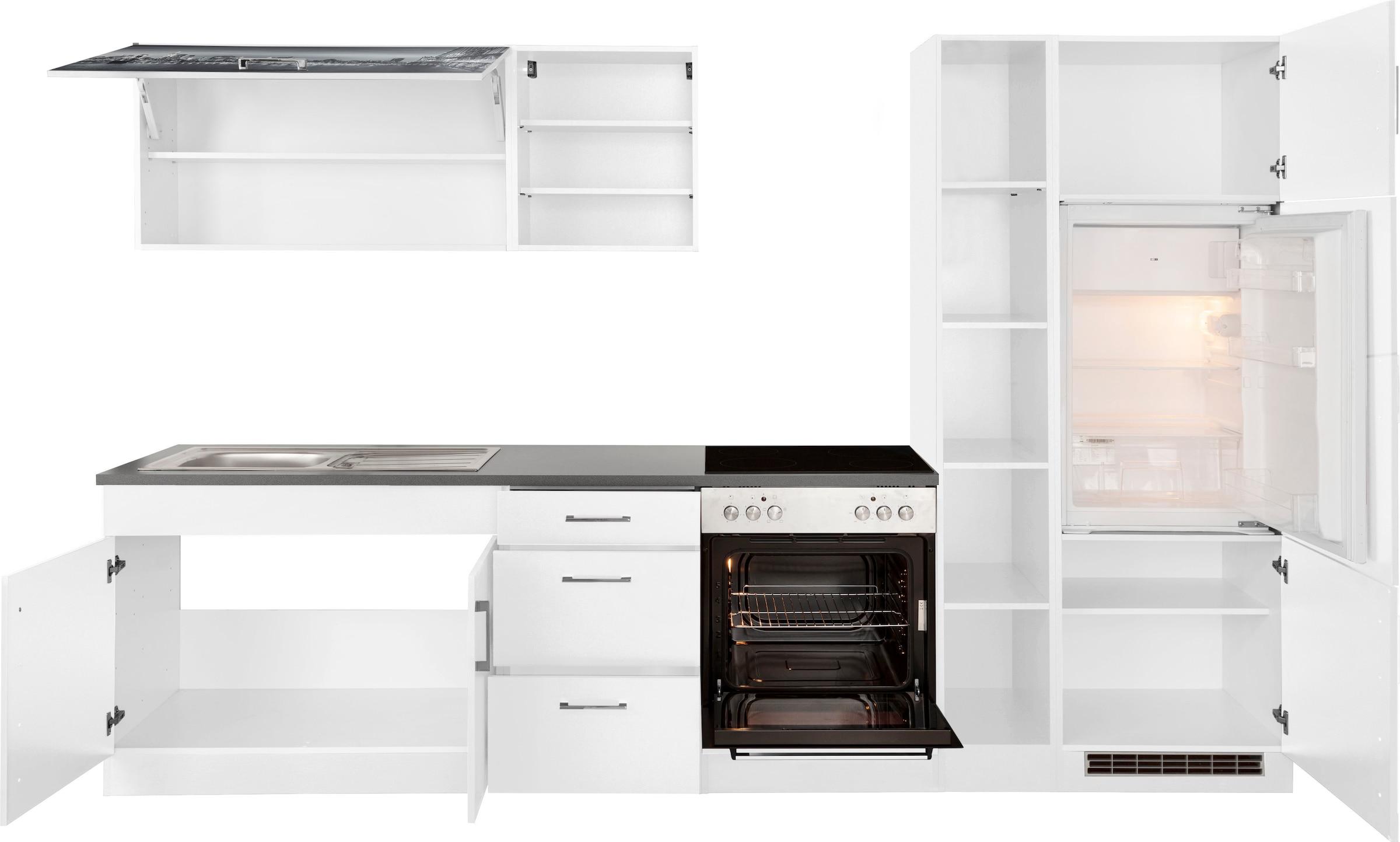 KOCHSTATION Küchenzeile »KS-Paris – Küchen mit einzigartigen Fotomotiven auf den Fronten« Breite 300 cm, wahlweise mit E-Geräten, mit Motivdruck