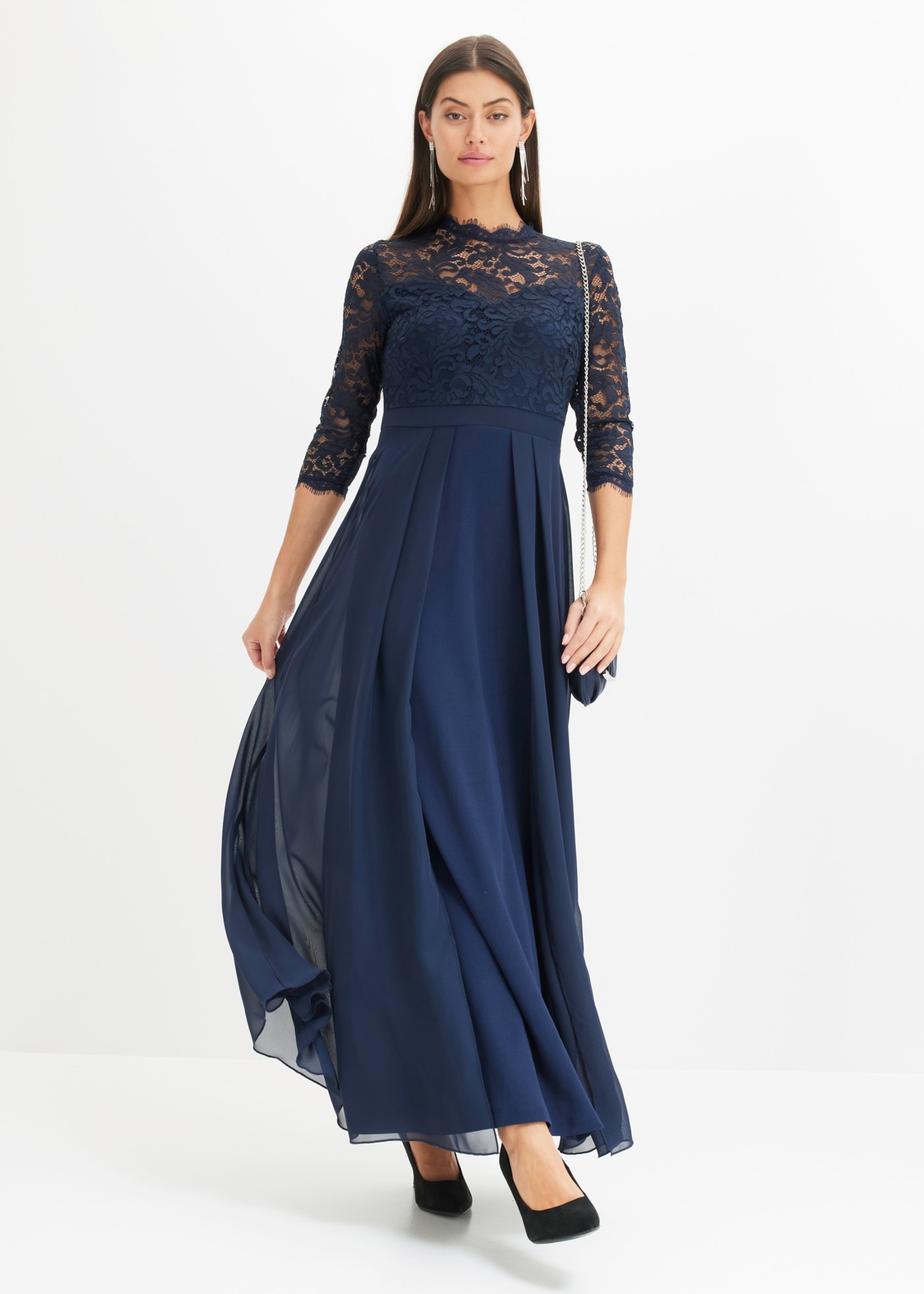 bonprix Maxikleid toller Mix aus Spitze, Chiffon und Crêpe, 3/4 Ärmel, Rock im Lagenlook