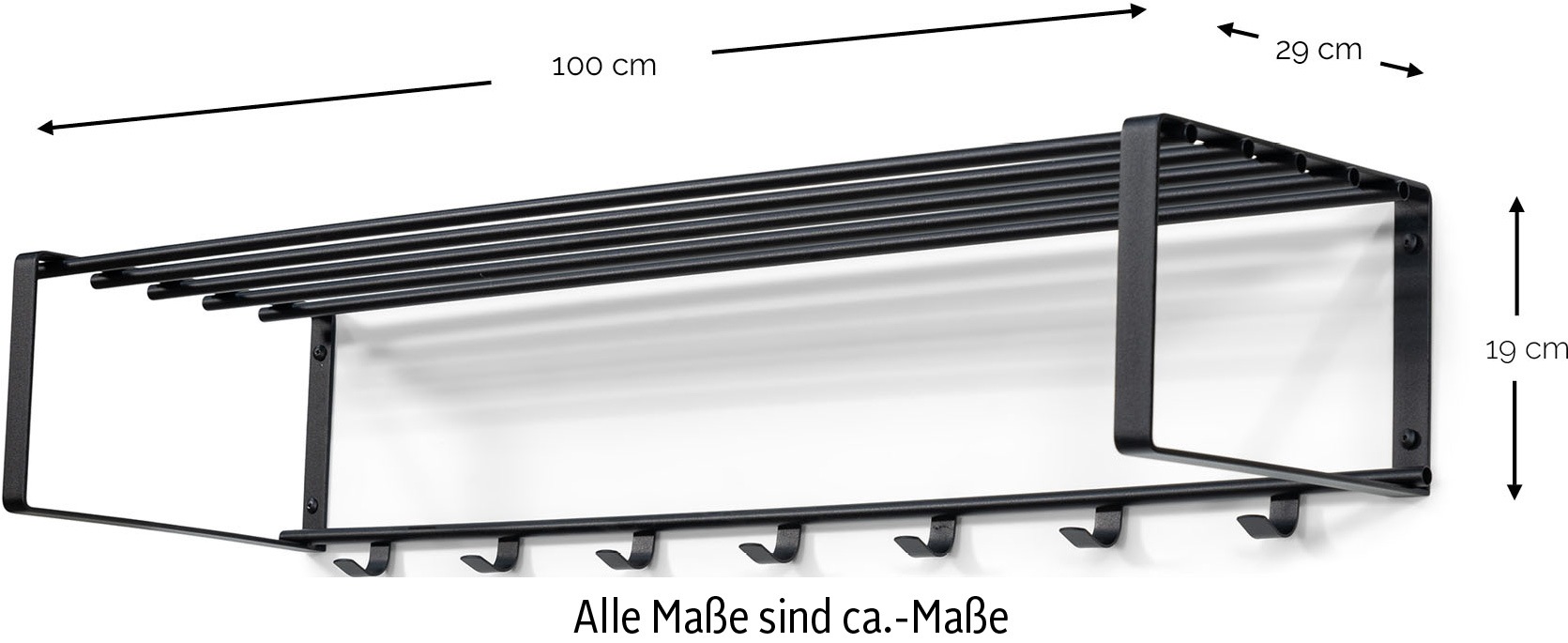 Spinder Design Garderobenleiste »REX«, (1 St.), Wandgarderobe aus Stahl mit Hutablage und 5 bzw. 7 Haken