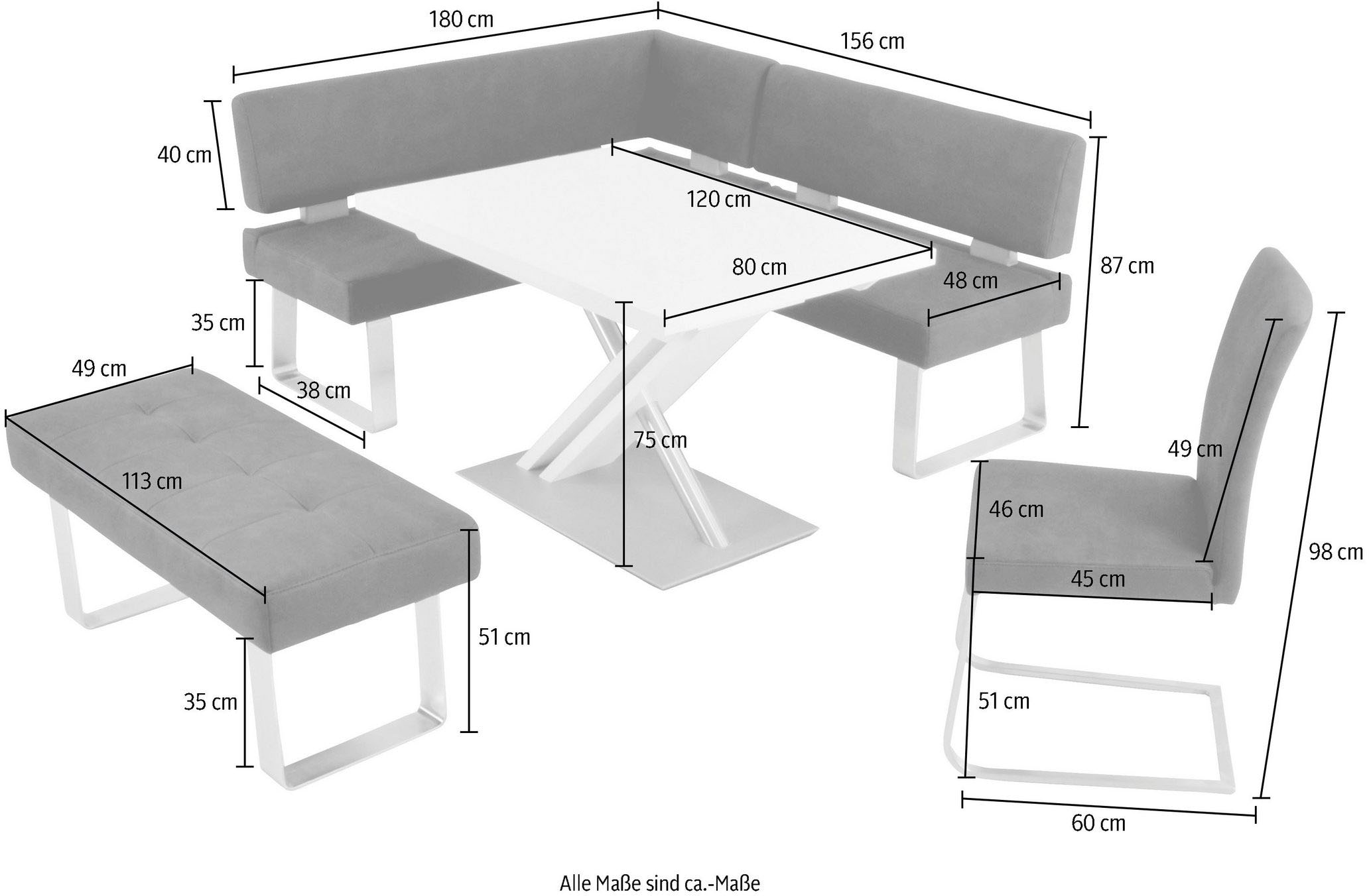 K+W Komfort & Wohnen Eckbankgruppe »Santos II«, (Set), Schenkel 180cm, Hockerbank, Freischwinger und Funktionstisch 120x80x75
