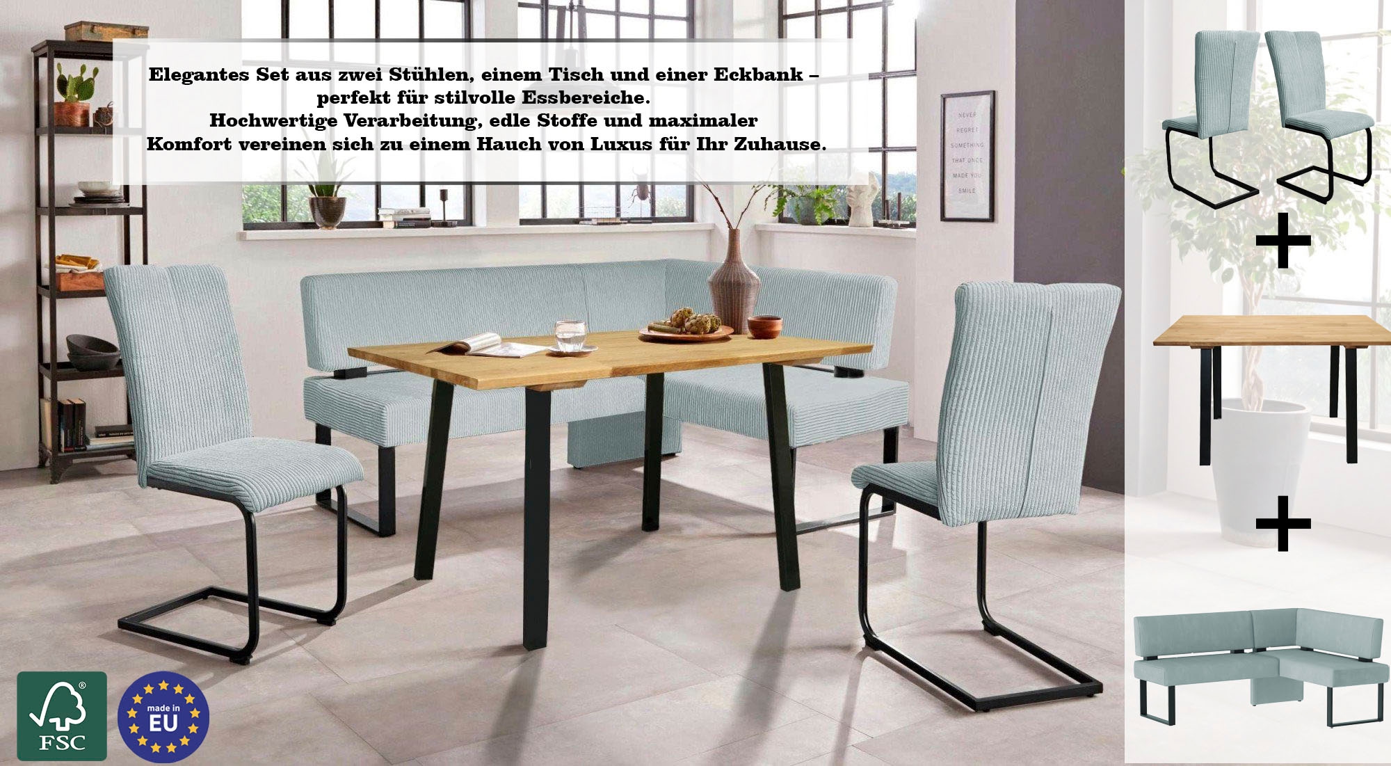 OTTO home Eckbankgruppe »Oliver« Set, 4-tlg, 4 Stk. tlg. Eckbank mit Wellenunterfederung im Sitz, Tisch Massiv Eiche