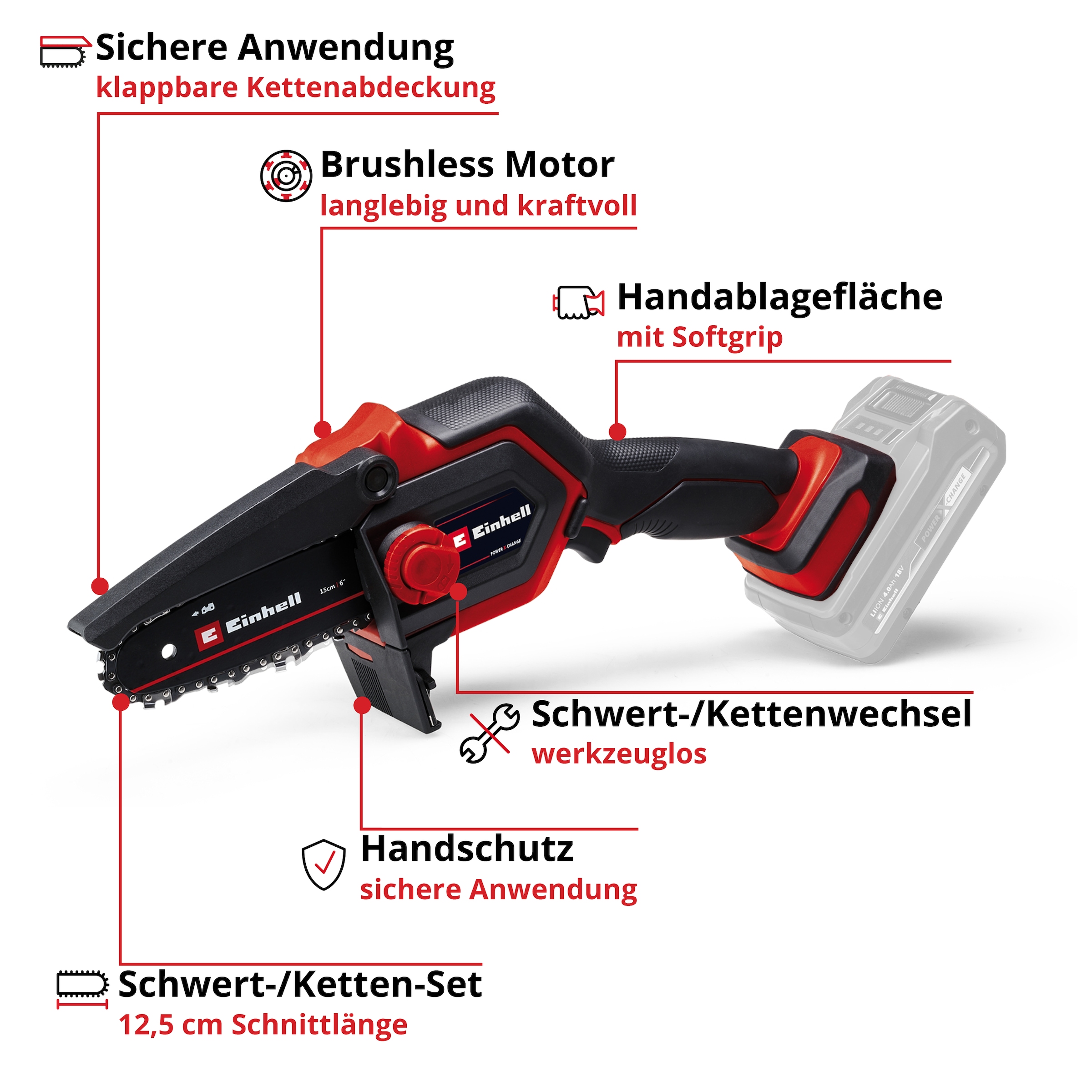 Einhell Akku-Kettensäge »GE-PS 18/15 Li BL-Solo«, (4 tlg.)