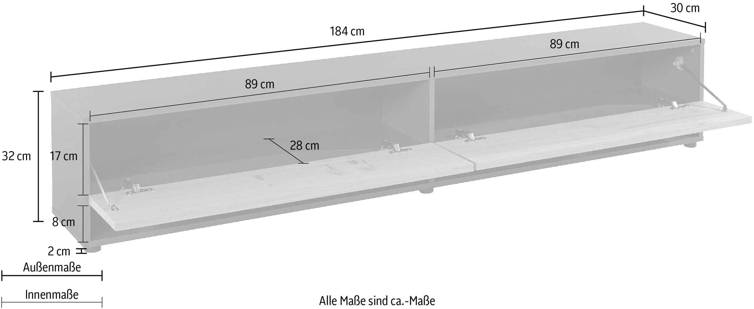 VOGL Möbelfabrik Lowboard »1237«, Breite 184 cm, hängend und stehend, Front Eiche furniert