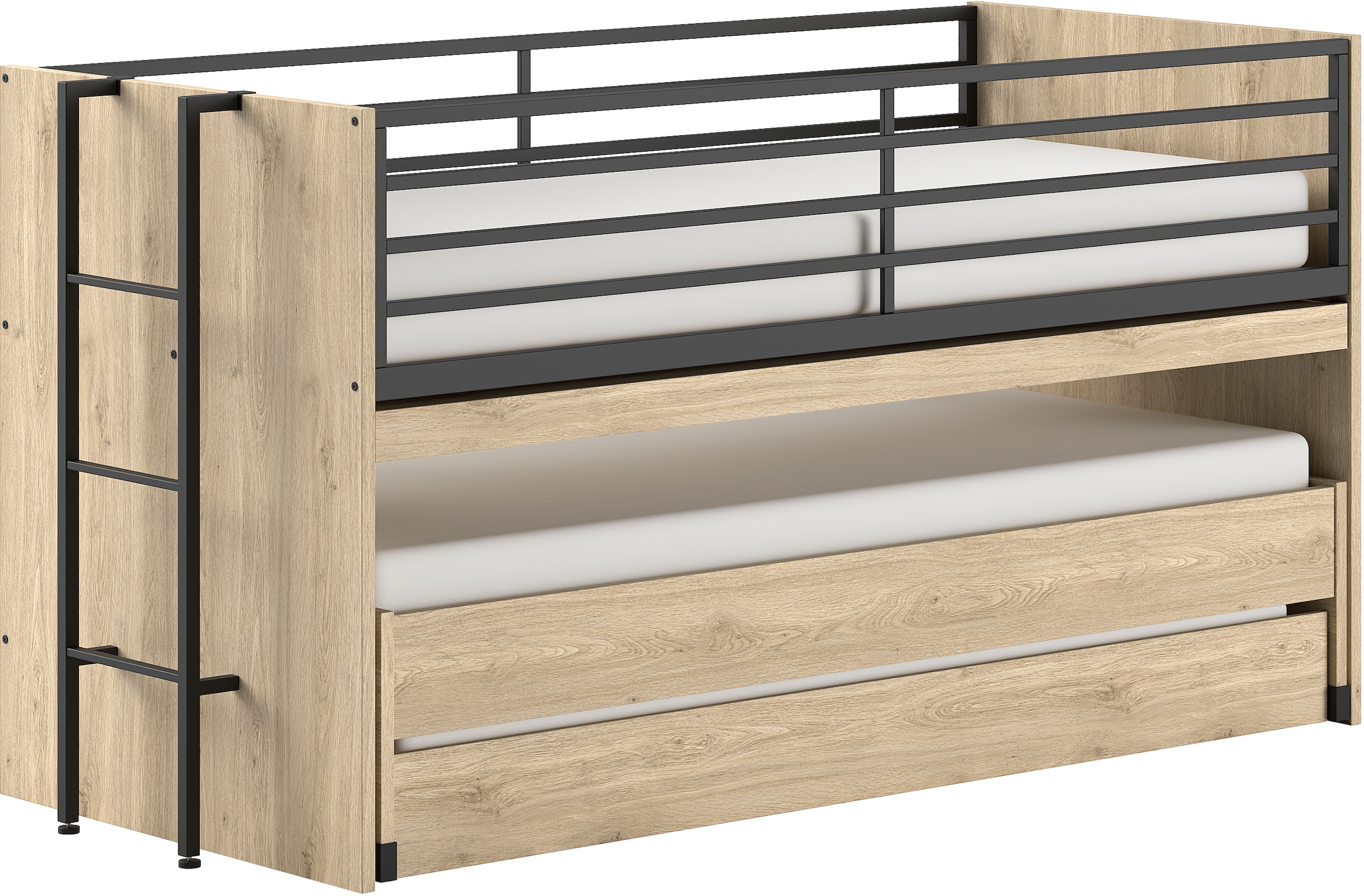 Home affaire Etagenbett »praktisches Etagenbett mit viel Funktion, 2 Dekore zur Wahl«, (B/H/T ca. 219x114x98cm, Metall Leiter und Absturzschutz in schwarz), für kleine Räume, 2 Liegefl., Bettschublade, inkl. Schreibtisch
