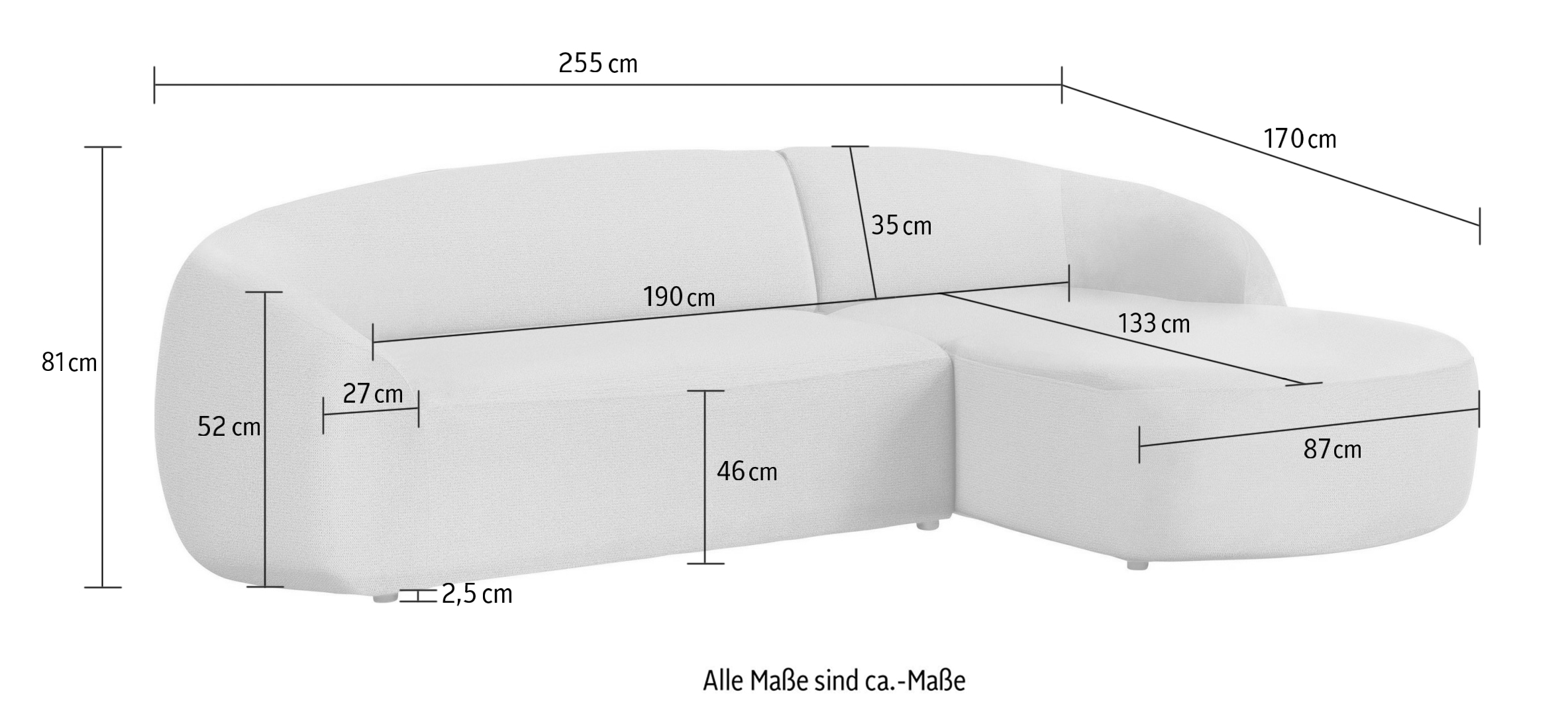 LeGer Home by Lena Gercke Ecksofa »YANI, L-Form, Designersofa, organische Form, Maße B/T/H: 255/170/81 cm«, L-Form, Designersofa, organische Form, Maße B/T/H: 255/170/81 cm