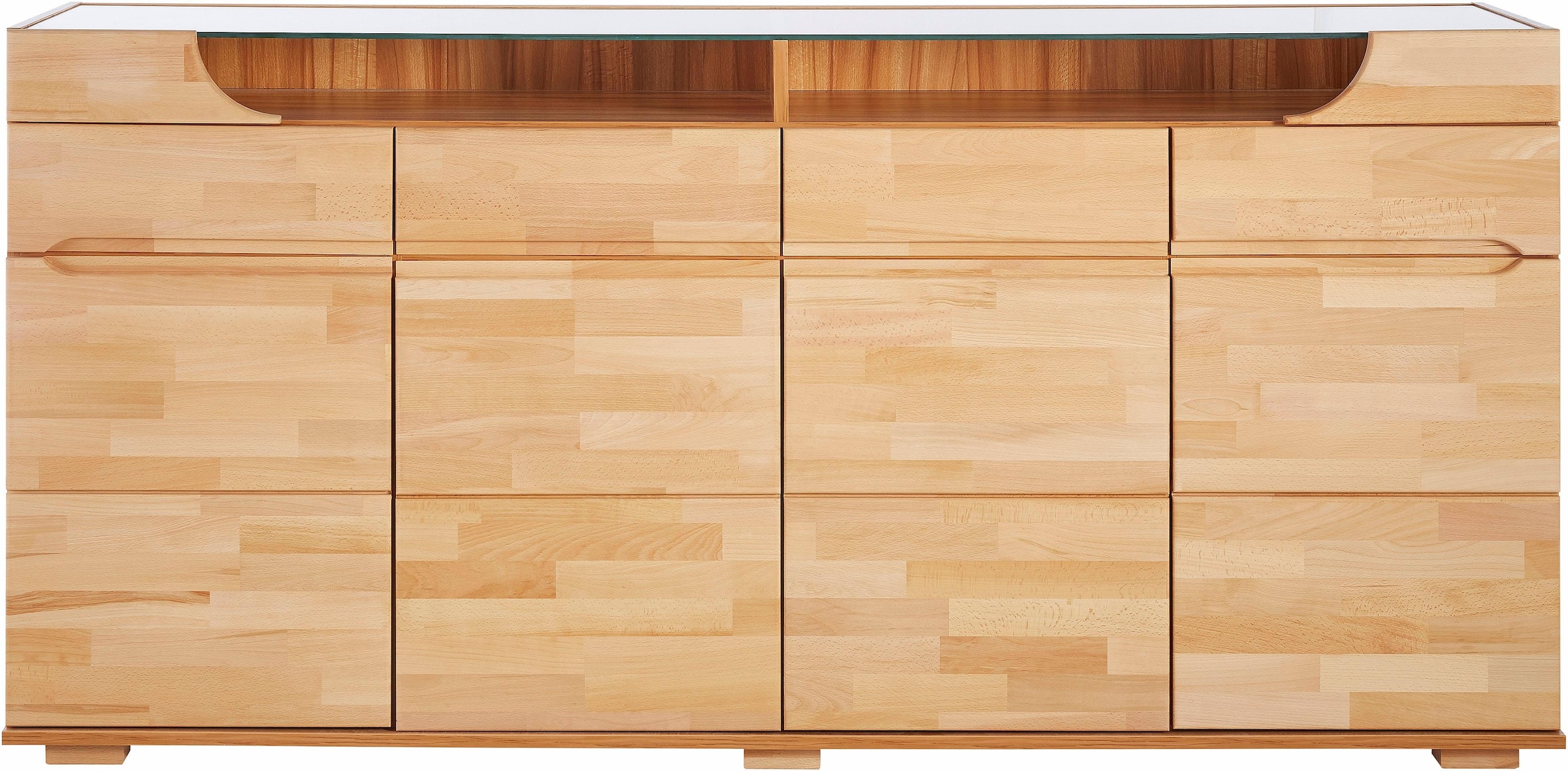 Home affaire Sideboard »Ribe,200cm breit,40 cm tief,4 Schubladen Oberplatte aus Glas«, Kernbuche massiv, Holzwerkstoff, 4Türen,4 Schubladen, Griffmulden