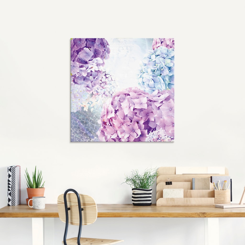 Artland Glasbild »Blau und Pink Hortensie«, Blumen, (1 St.)