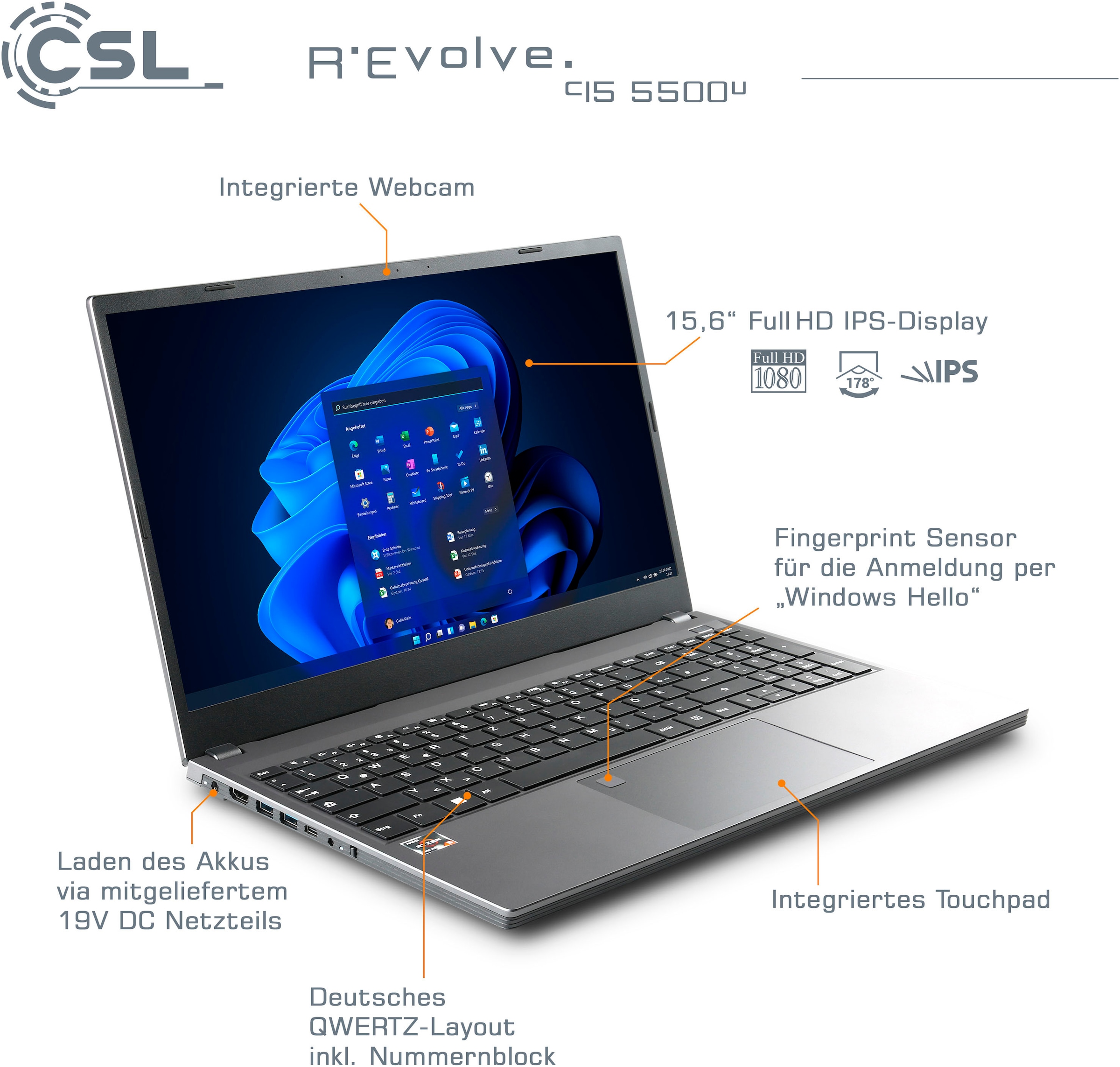 CSL Notebook »R'Evolve C15 5500U / 32GB / 4000GB / Windows 11 Home«, 39,6 cm, / 15,6 Zoll, AMD, Ryzen 5, Radeon Graphics, 4000 GB SSD