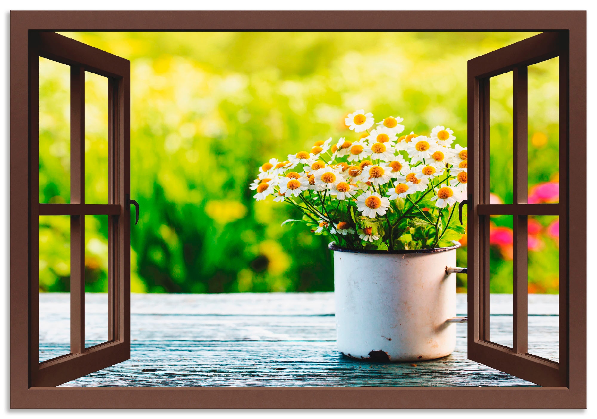 Artland Wandbild »Fensterblick Garten mit Gänseblümchen«, Blumen, (1 St.),  als Alubild, Leinwandbild, Wandaufkleber oder Poster in versch. Größen bei  OTTO