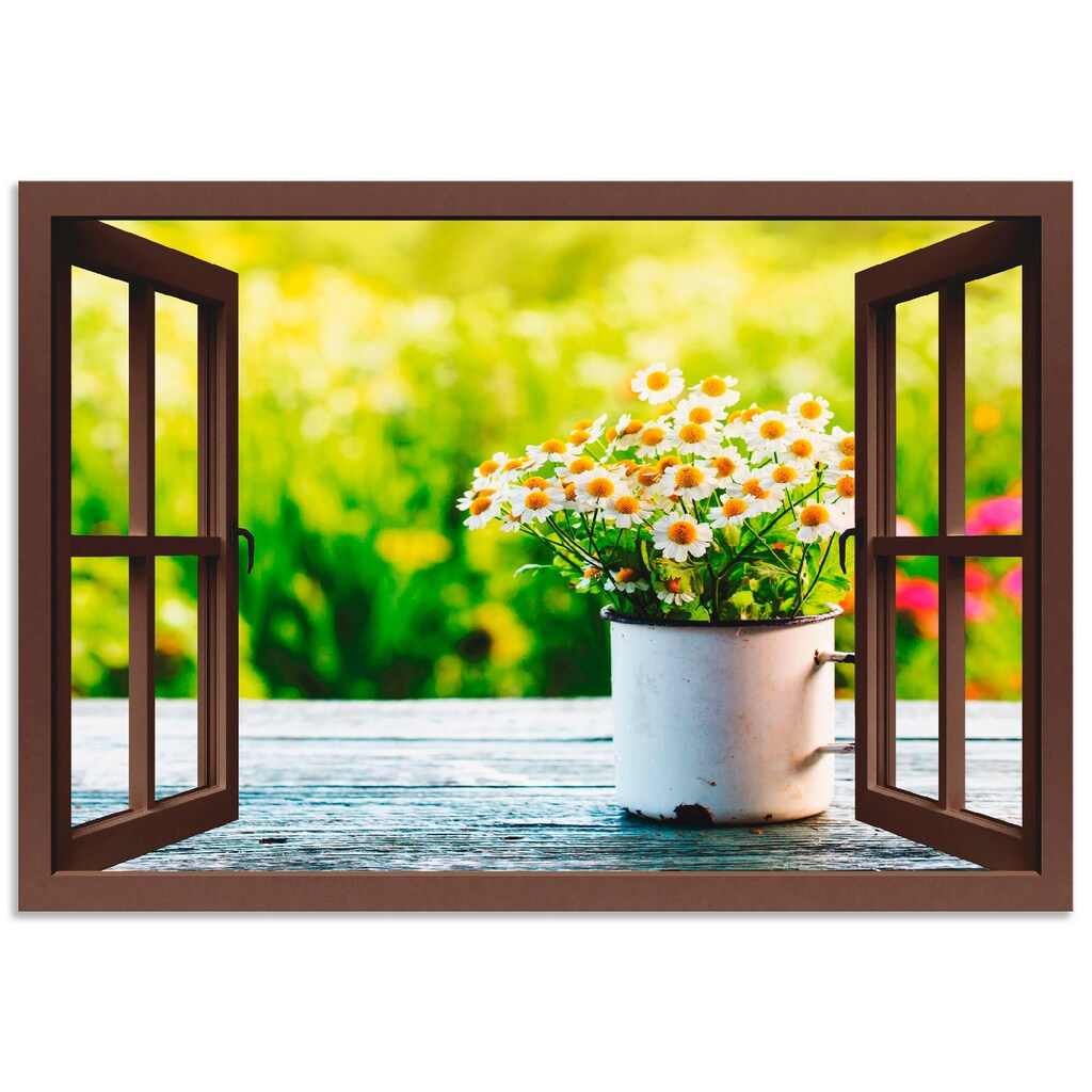 Artland Wandbild »Fensterblick Garten mit Gänseblümchen«, Blumen, (1 St.)