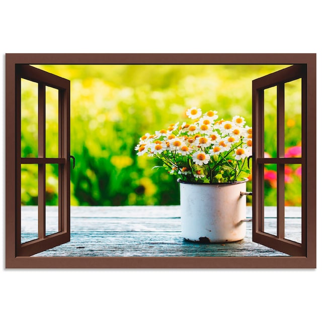 Artland Wandbild »Fensterblick Garten mit Gänseblümchen«, Blumen, (1 St.),  als Alubild, Leinwandbild, Wandaufkleber oder Poster in versch. Größen bei  OTTO