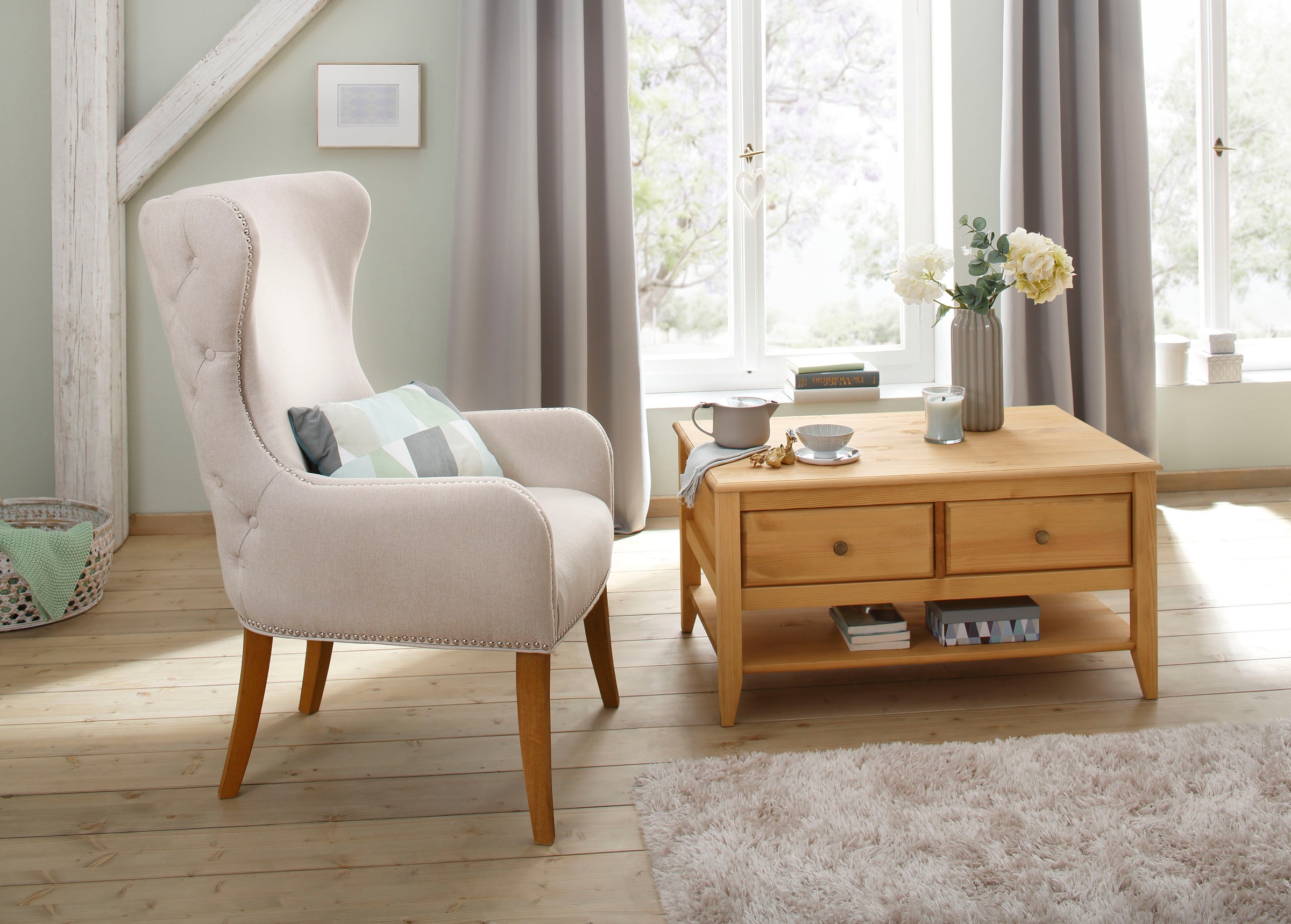 OTTO home Couchtisch »Leonis« Breite 89 cm, mit Schubladen und Ablageboden, massiver Kiefer,  FSC®